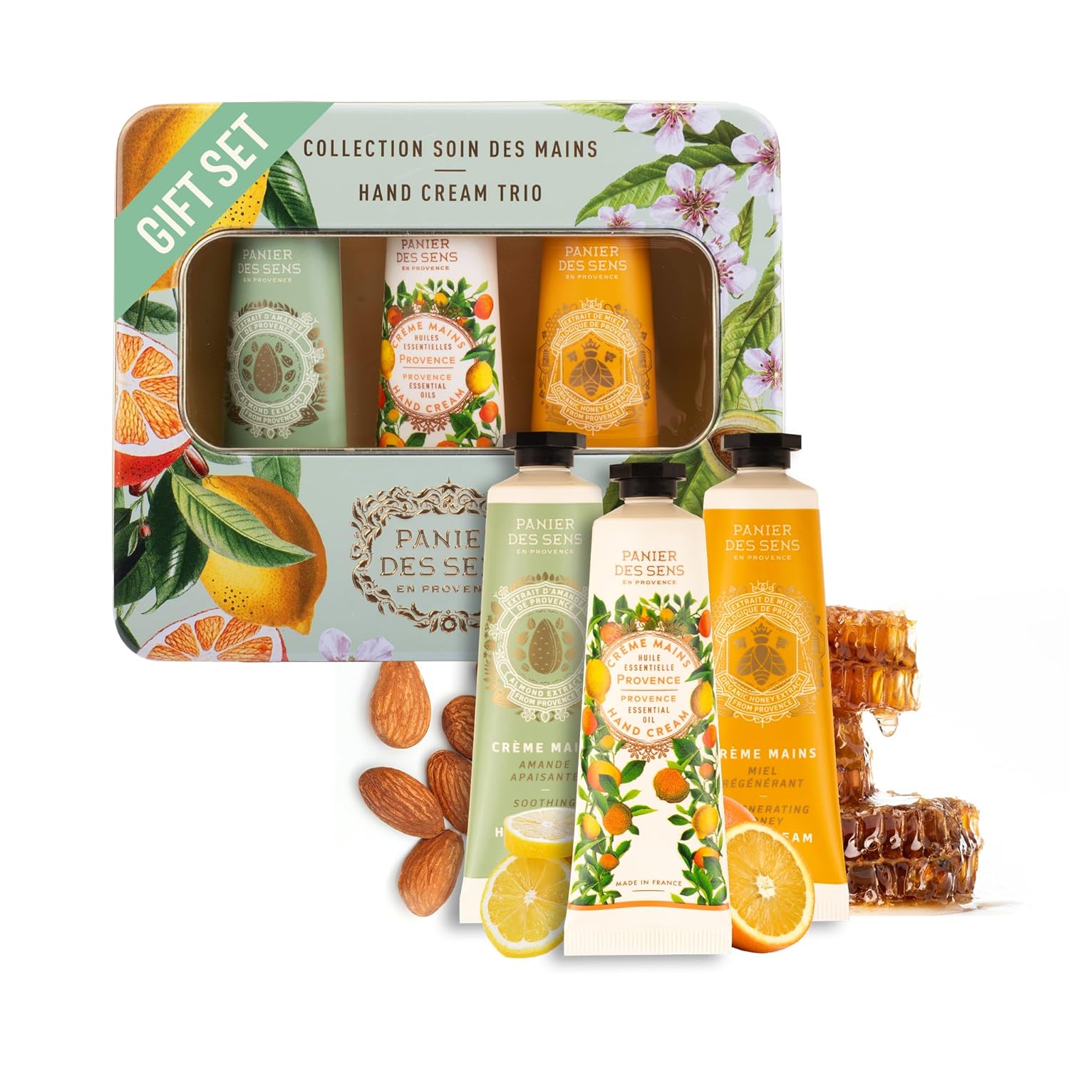 Panier des Sens Handcreme-Geschenkset 3 x 30 ml Mandel, Honig & Provence – Mini-Handcreme-Set – Creme-Hauptbestandteile mit 97 % natürlichen Inhaltsstoffen – Geschenk für Sie