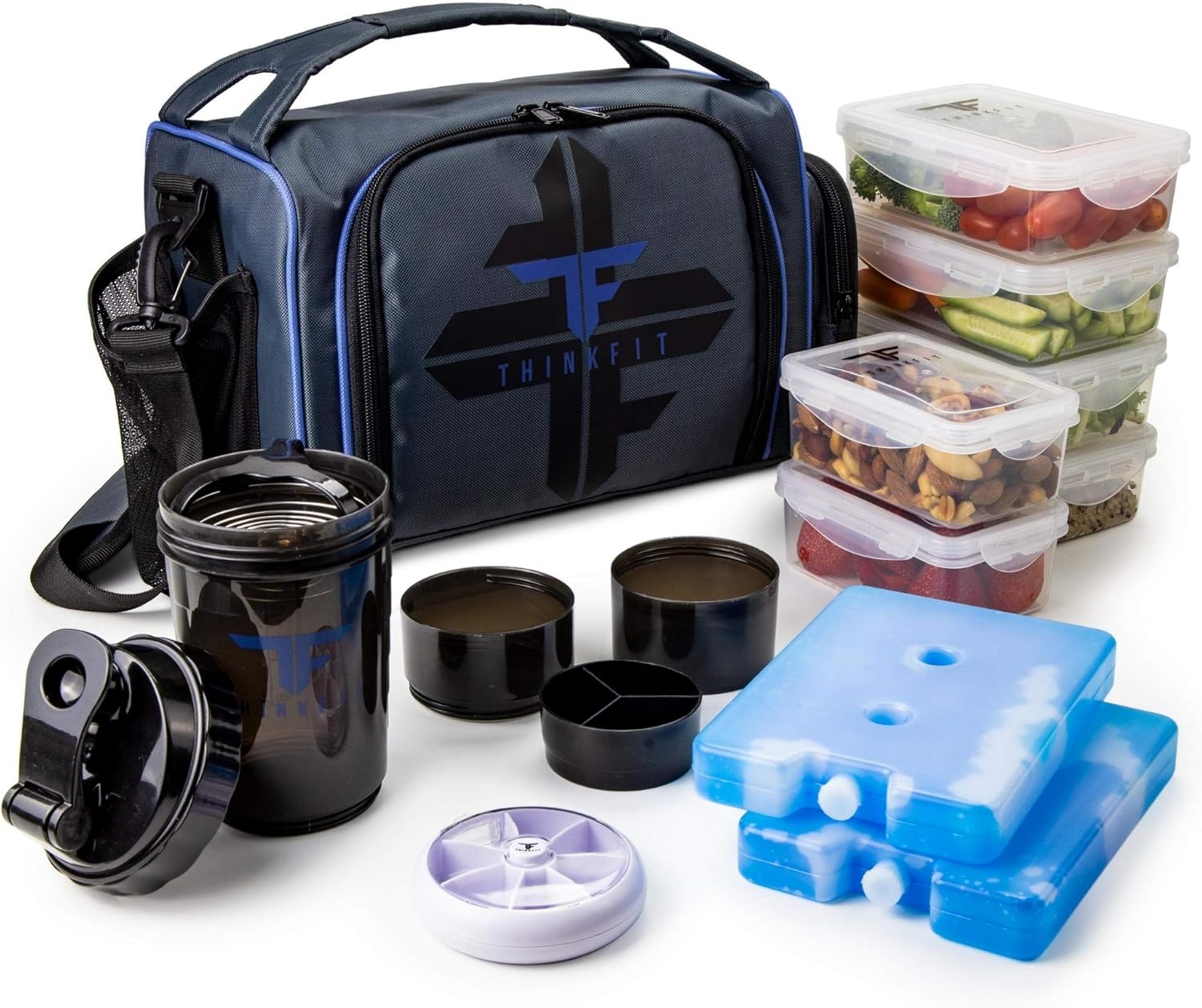 Isolierte Lunchbox mit 6 Meal-Prep-Boxen – BPA-frei, wiederverwendbar, mikrowellen- und gefriergeeignet – Lunchtasche mit Shaker-Becher, Pillen-Organizer, Schultergurt und Kühlakkus – Kühltasche blau