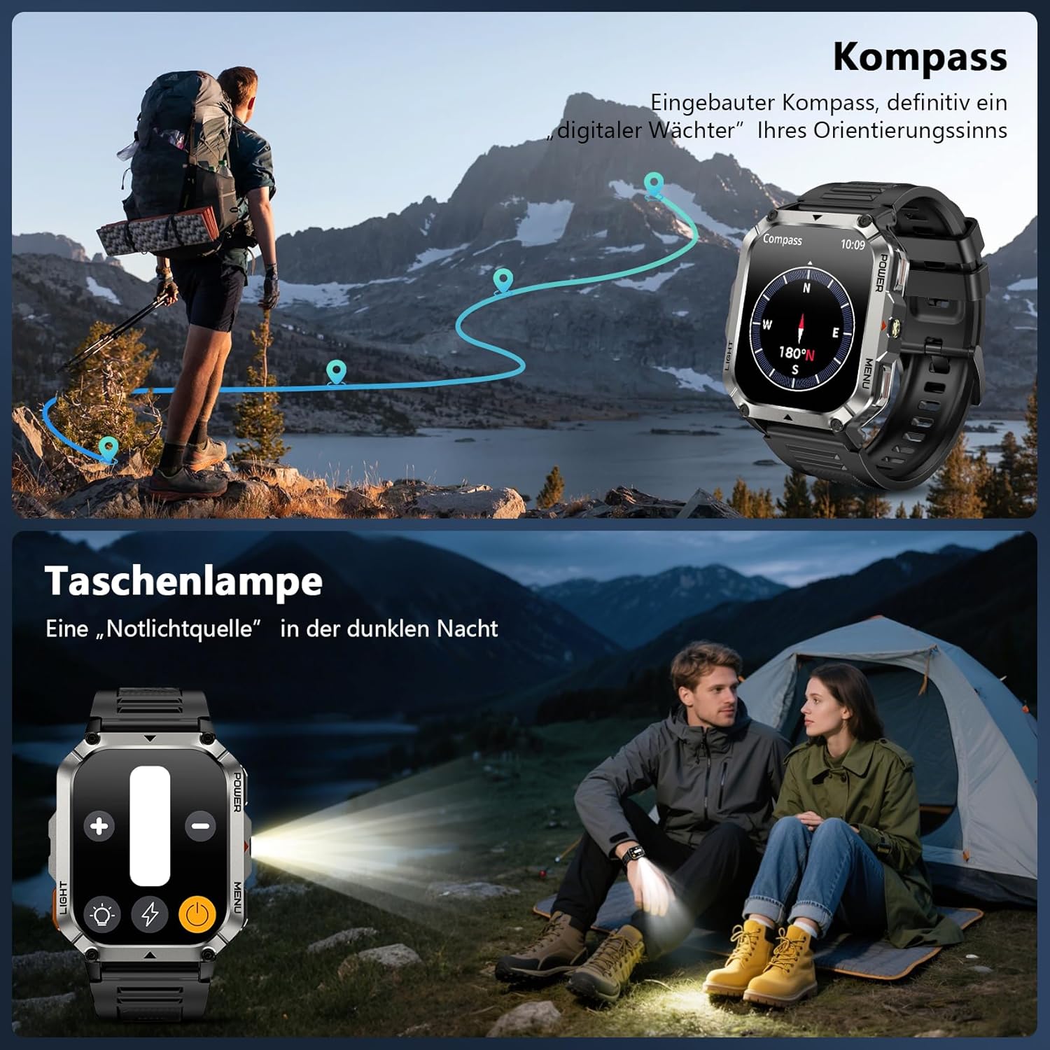 Blackview 900 mAh Herren-Smartwatch, Bluetooth-Anrufe/Kompass/LED-Beleuchtung/2 Armbänder (Silikon/Nylon), Sportuhr mit Puls-Schlaf-Schritten-Kalorien-Kilometer-Monitor, Fitness-Uhr für Android iOS – Bild 3