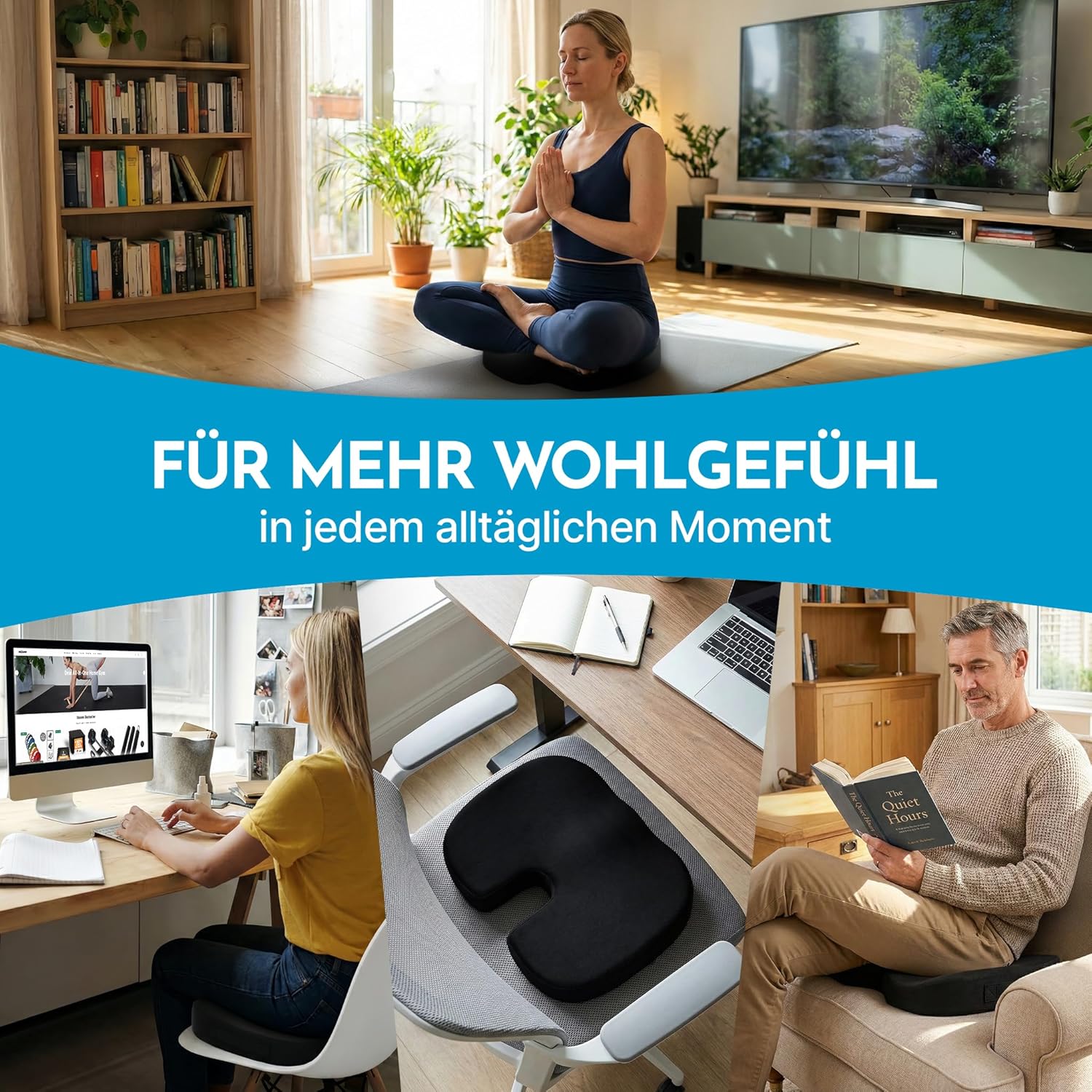 NEOLYMP Orthopädisches Sitzkissen – Memory Foam Kissen mit Steißbeinaussparung – Ergonomisches Design für Büro, Auto & Reisen – 3 Härtegrade für Sitzkomfort (Schwarz, Mittel, 60-100 kg) – Bild 6