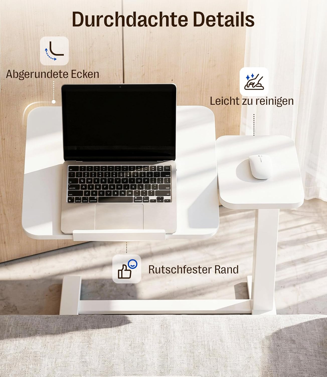 MAIDeSITe Beistelltisch mit Rollen, C-förmiger höhenverstellbarer Betttisch, 70 x 40 cm Stehtisch, mobiler Laptoptisch mit geteilter Tischplatte und verdeckten Rollen – Fit Dual – Bild 4