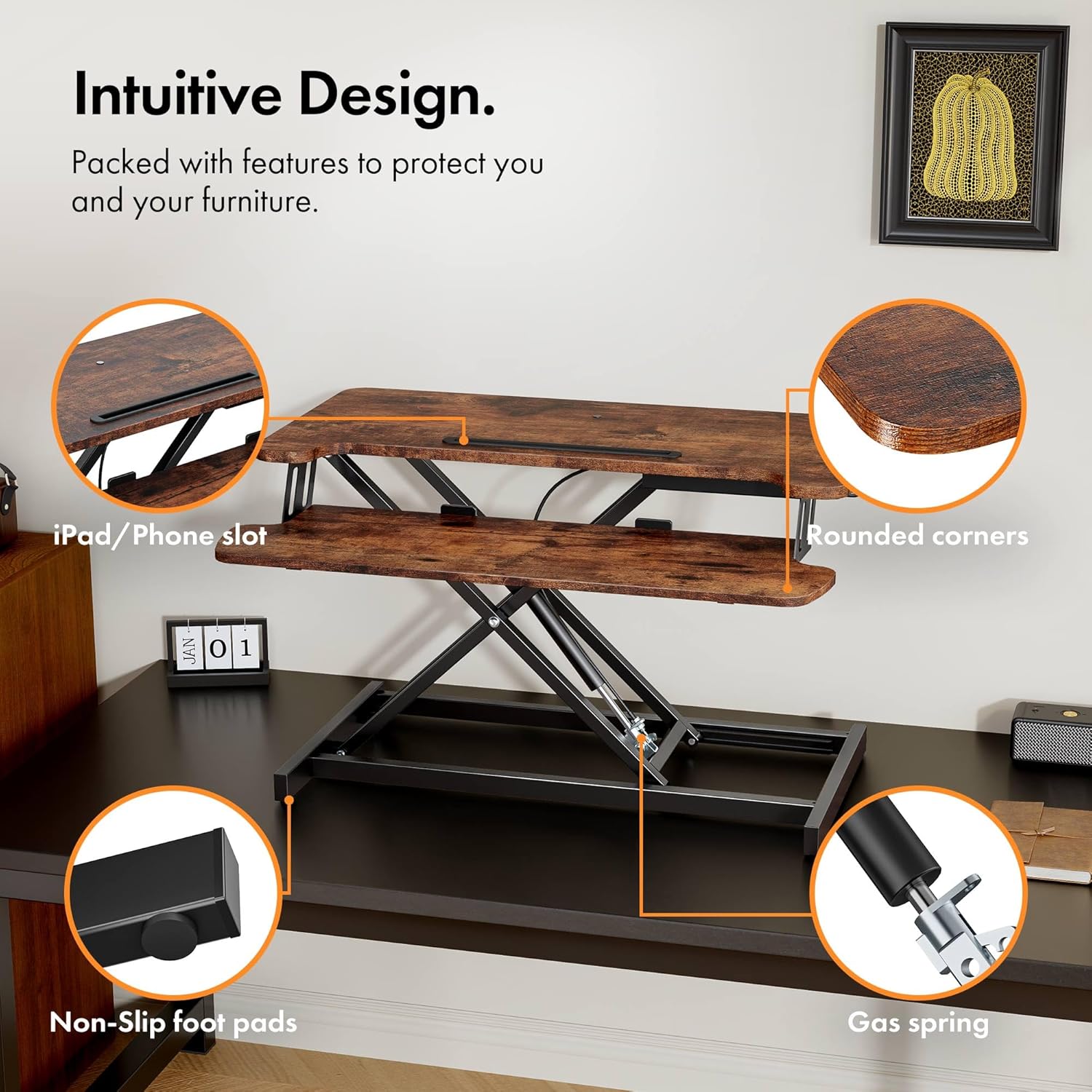 VonHaus höhenverstellbarer Schreibtischaufsatz, dunkles Holz, 80 x 40 cm, Stehsitz-Arbeitsplatz für zwei Monitore und Tablet-Fach, Stehpult-Konverter mit zwei Ebenen, Schreibtischerhöhung mit Tastaturablage – Bild 6