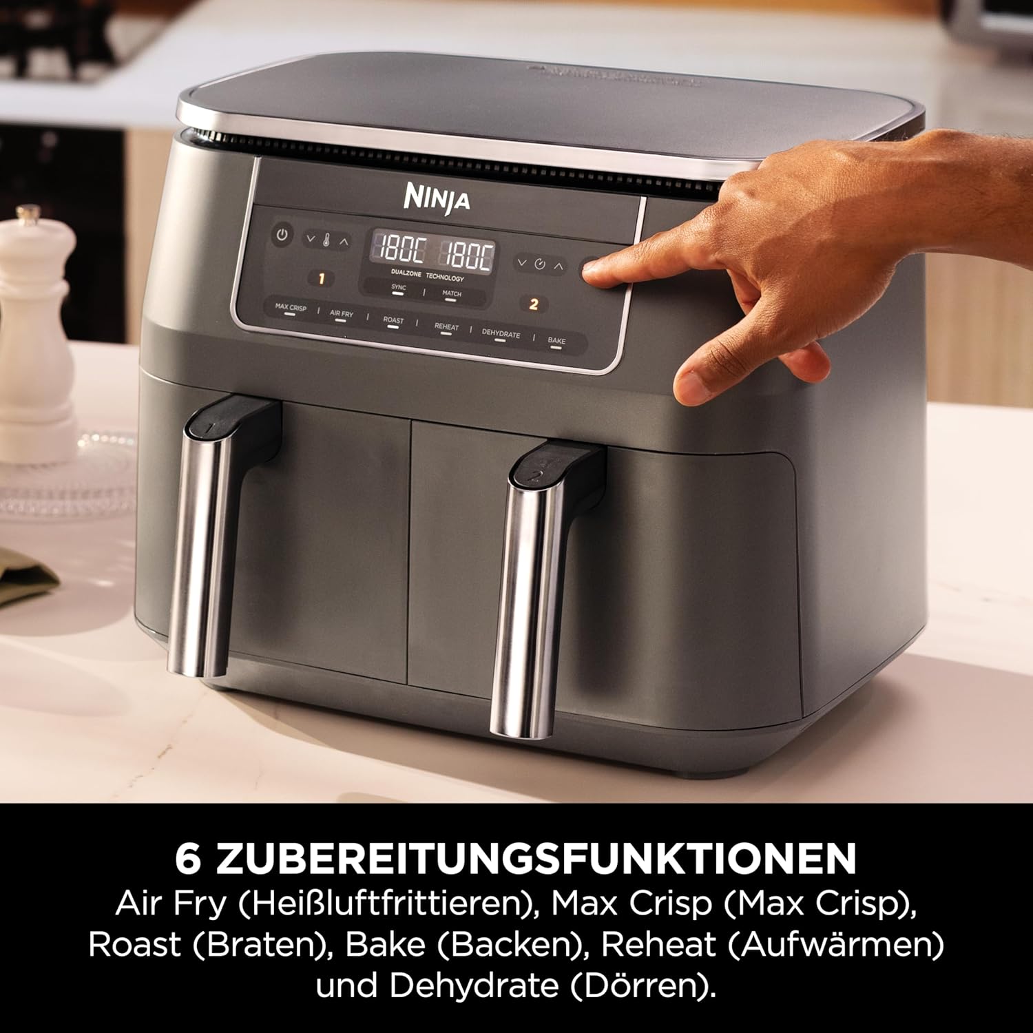 Digitale Heißluftfritteuse mit zwei Zonen von Ninja, 2 Schubladen, 6-in-1, ölfreie Heißluftfritteuse, 7,6 l, Heißluftfritteuse, maximale Knusprigkeit, Braten, Backen, Aufwärmen, spülmaschinenfeste Körbe, Metallic-Grau DZ300EU – Bild 5