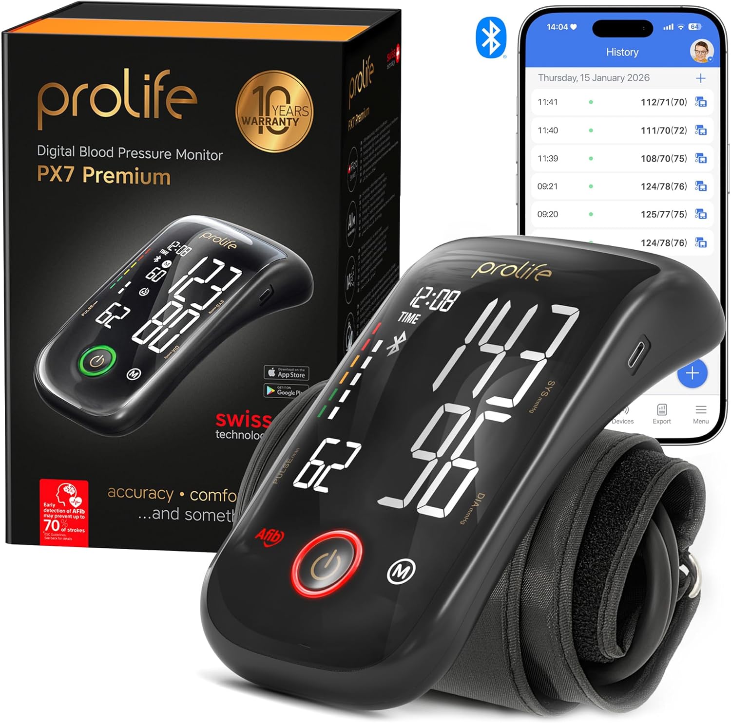 prolife PX7 Premium Blutdruckmessgerät Oberarm mit AFIB, digitales Blutdruckmessgerät mit App, Blutdruckmessgerät Bluetooth, Blutdruckmanschette