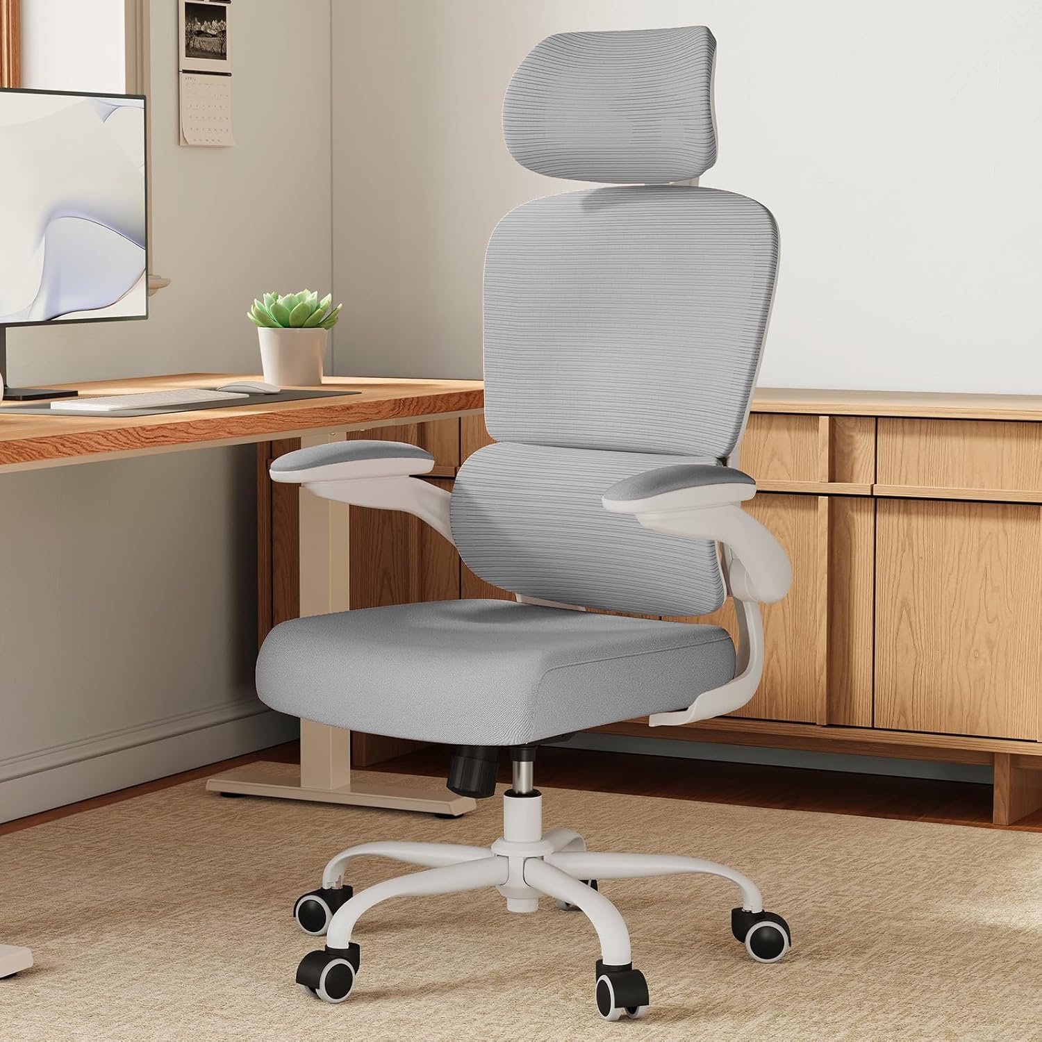 TRALT Ergonomischer Bürostuhl mit verstellbarer Lendenwirbelstütze, Kopfstütze, Gaming-Stuhl, Bürostuhl, Schreibtischstuhl, Heimbürostuhl, ergonomisch, 150 kg, für große Menschen, Grau – Bild 2