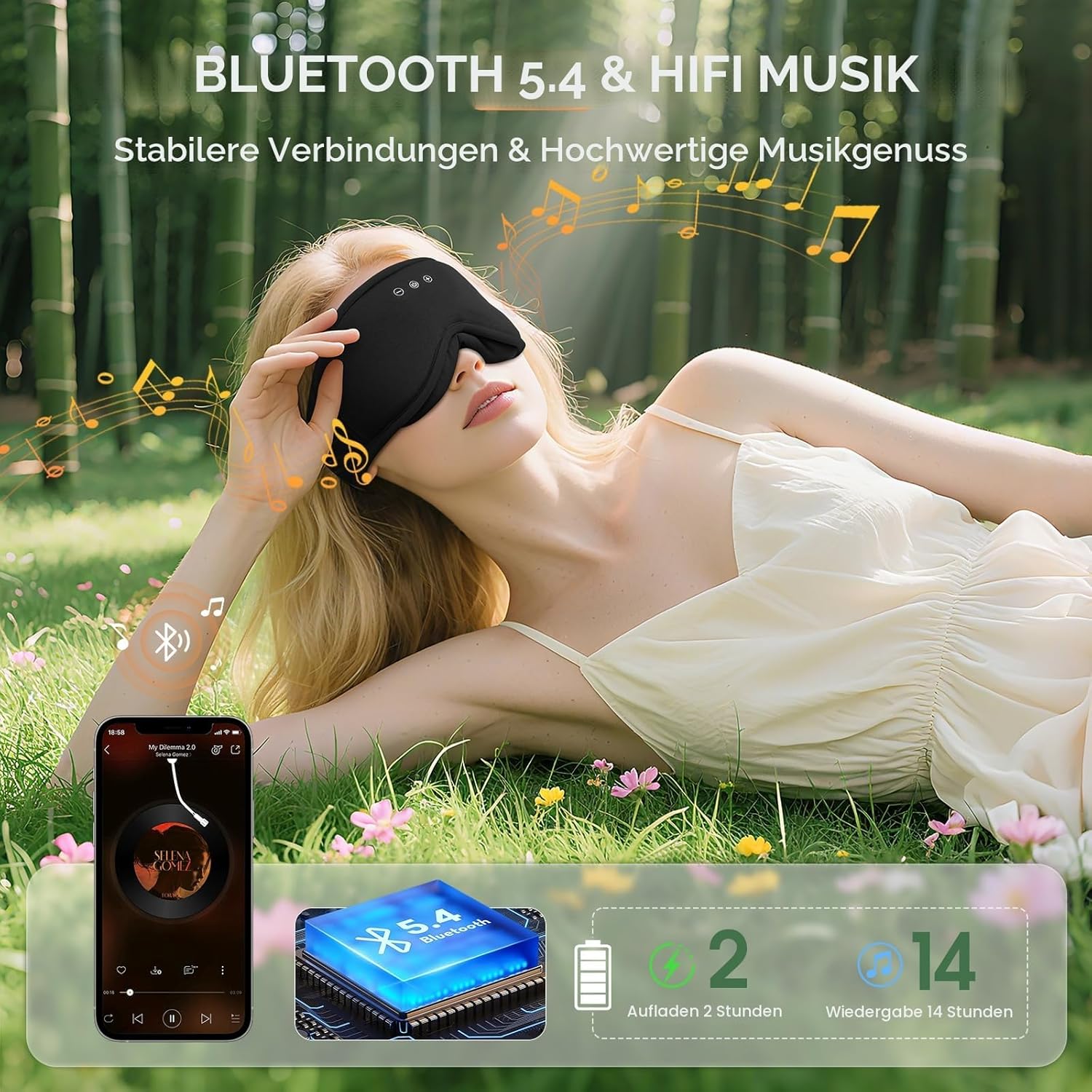 MUSICOZY Bambus-Baumwolle Schlafmaske mit Kopfhörer, 3D Schlafkopfhörer Bluetooth v5.4 Augenmaske Schlafmaske Für Seitenschläfer, Schlafmaske Waschbar Schlafbrille mit Mikrofon für Herren/Frauen – Bild 5