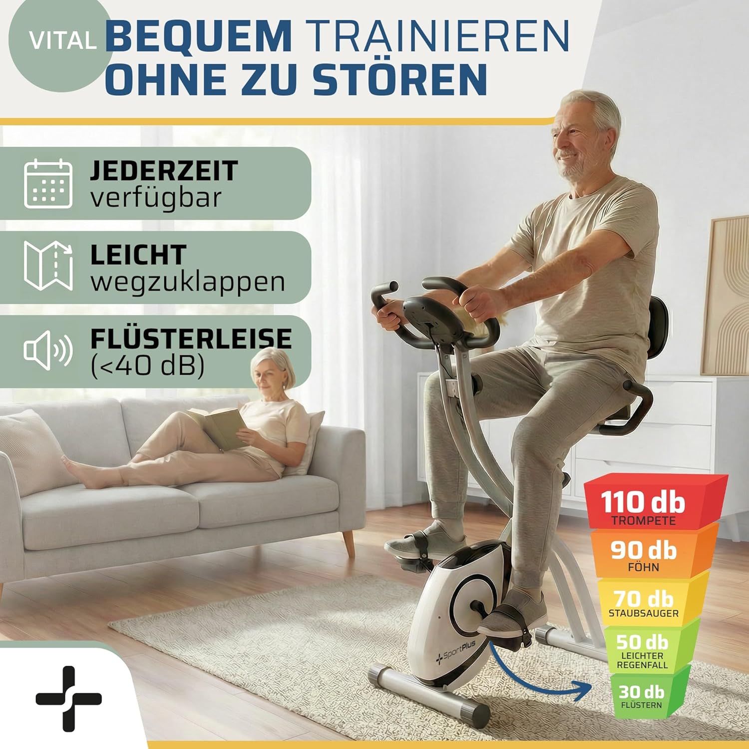 SportPlus Heimtrainer Fahrrad klappbar - Hometrainer Fahrrad klappbar - extra leiser Hometrainer für zuhause - Faltbares Fitnessbike - Ergometer Heimtrainer mit Rückenlehne – Bild 2