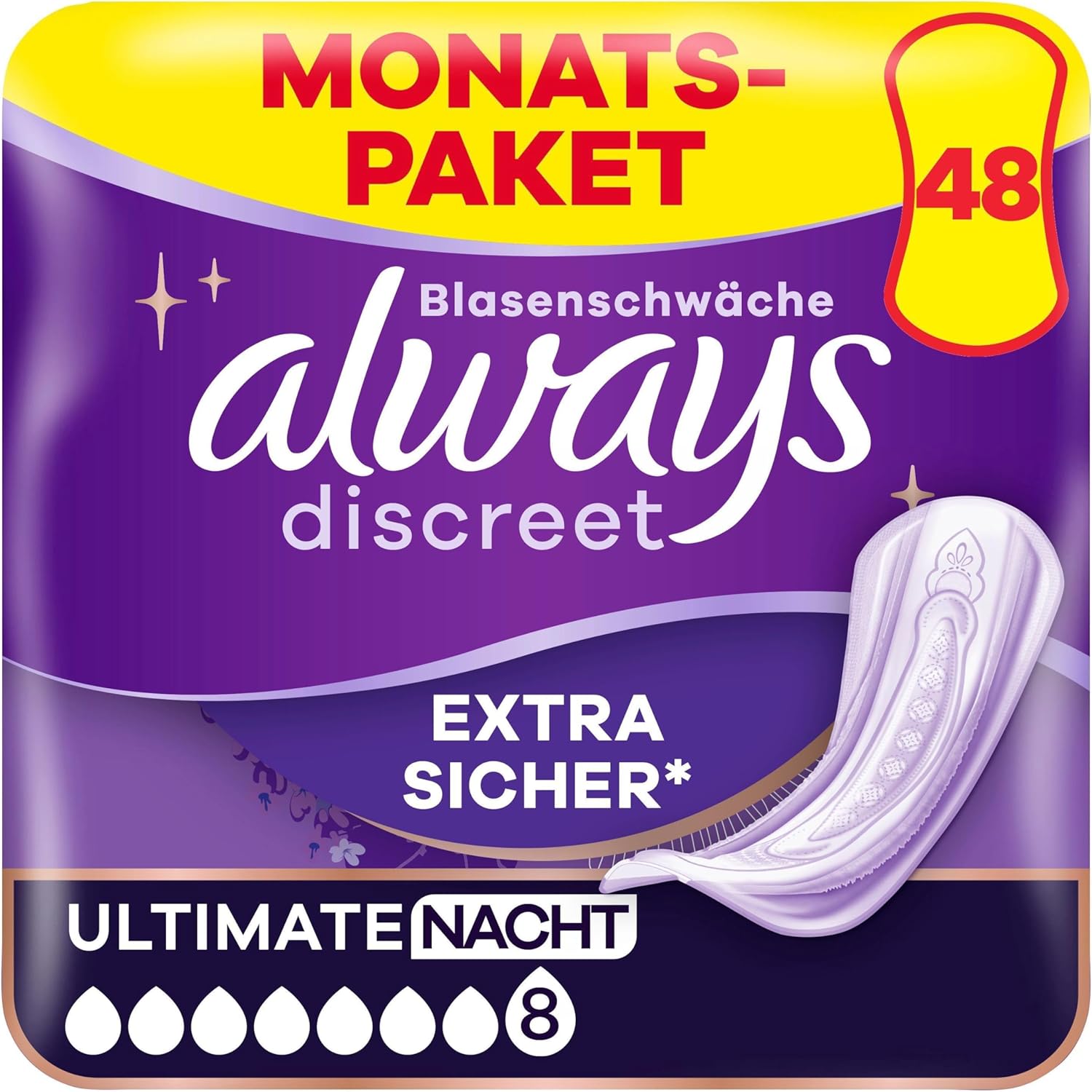Always Discreet Plus Ultimate Inkontinenzeinlagen für die Nacht, 48 Einlagen (4 x 12 Einlagen) für Frauen, starker Schutz, den Sie kaum spüren