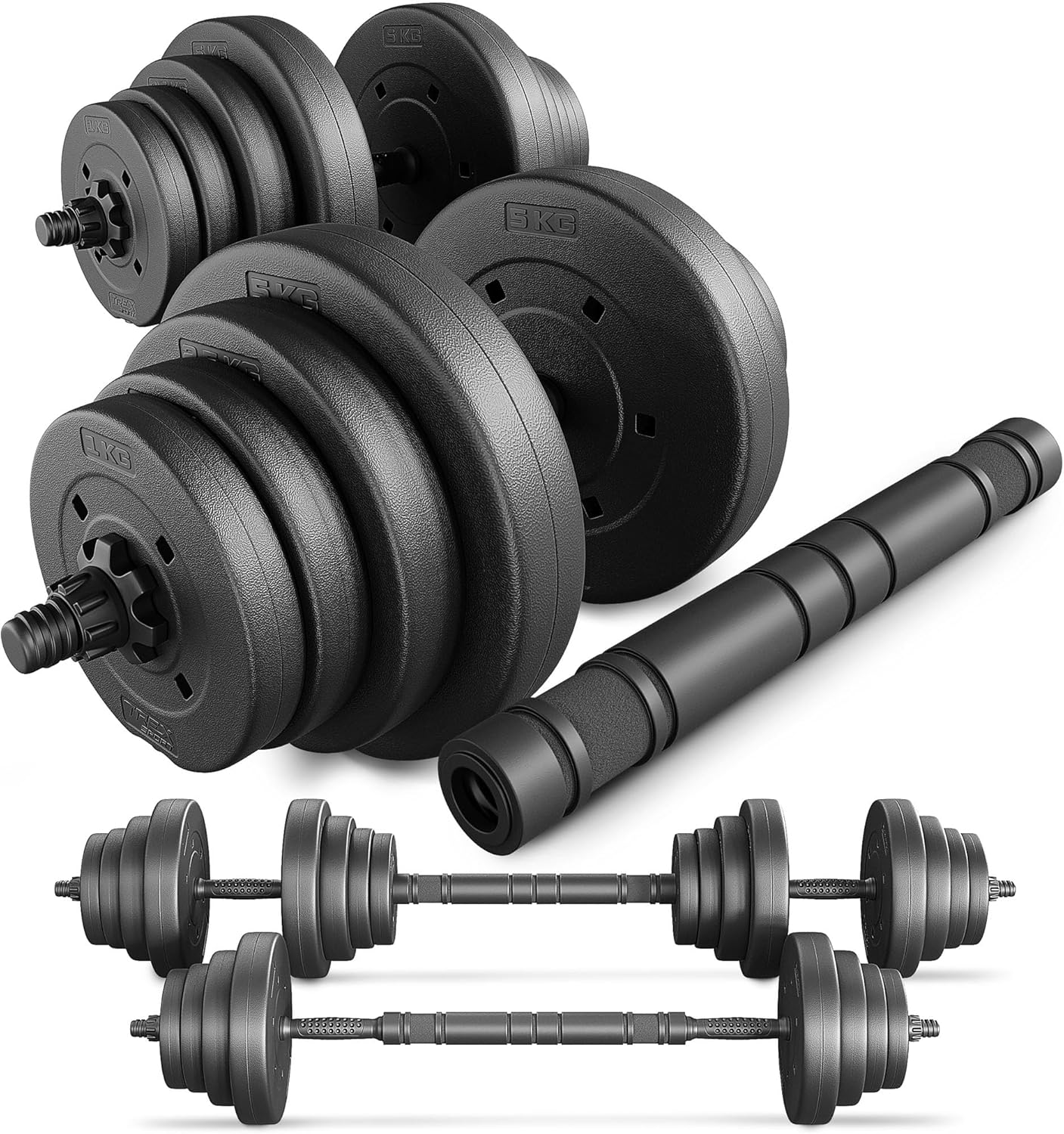 TREX SPORT Hanteln-Set | 2er Set Kurzhanteln & Langhantel | 20kg 40kg Hantelset Hantelset mit Verbindungsrohr