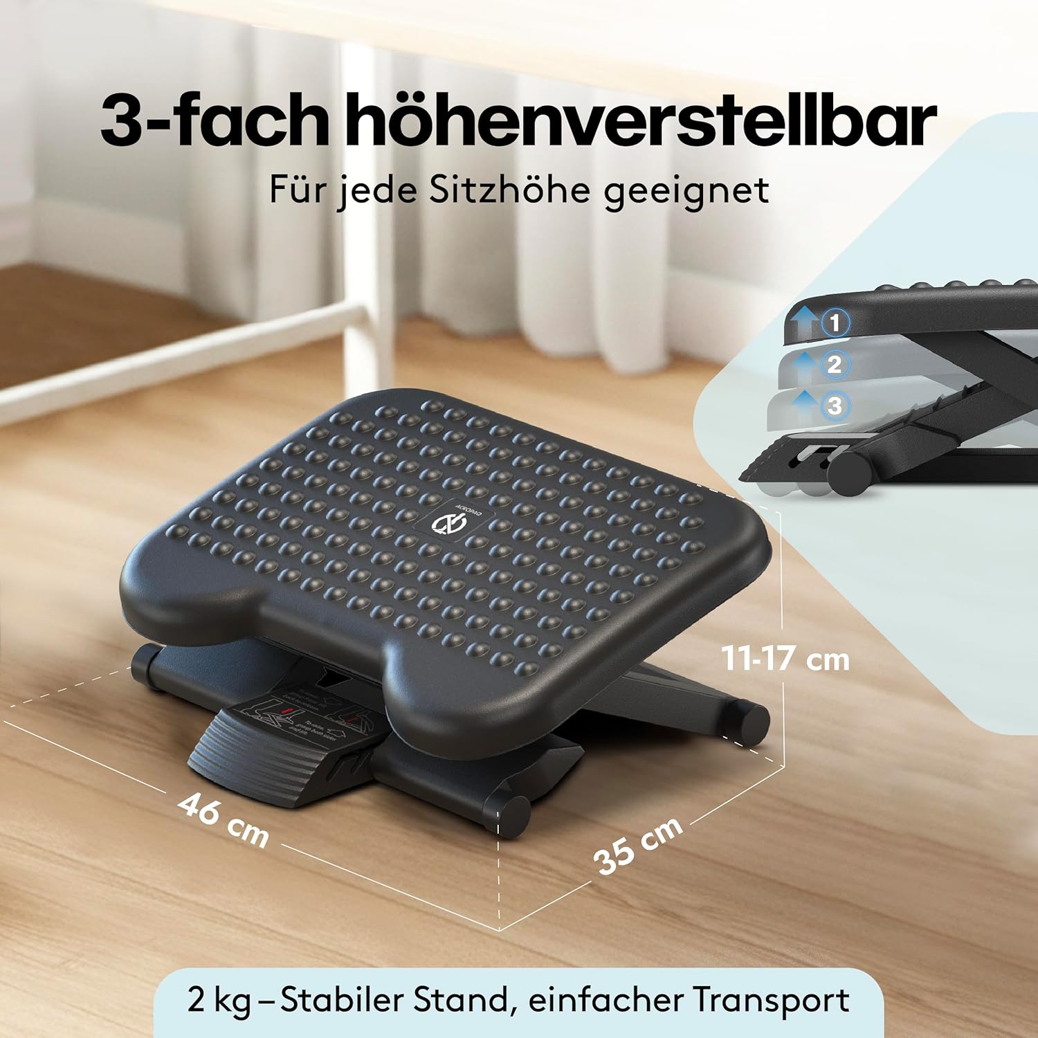 ACROPAQ Fußstützen-Schreibtisch – Fußstütze mit 3 verstellbaren Höhen, Massagefunktion, neigbar von -30° bis +30° für maximalen Komfort – Fußhocker, Stehmatten-Schreibtisch, Fußhocker – Bild 4