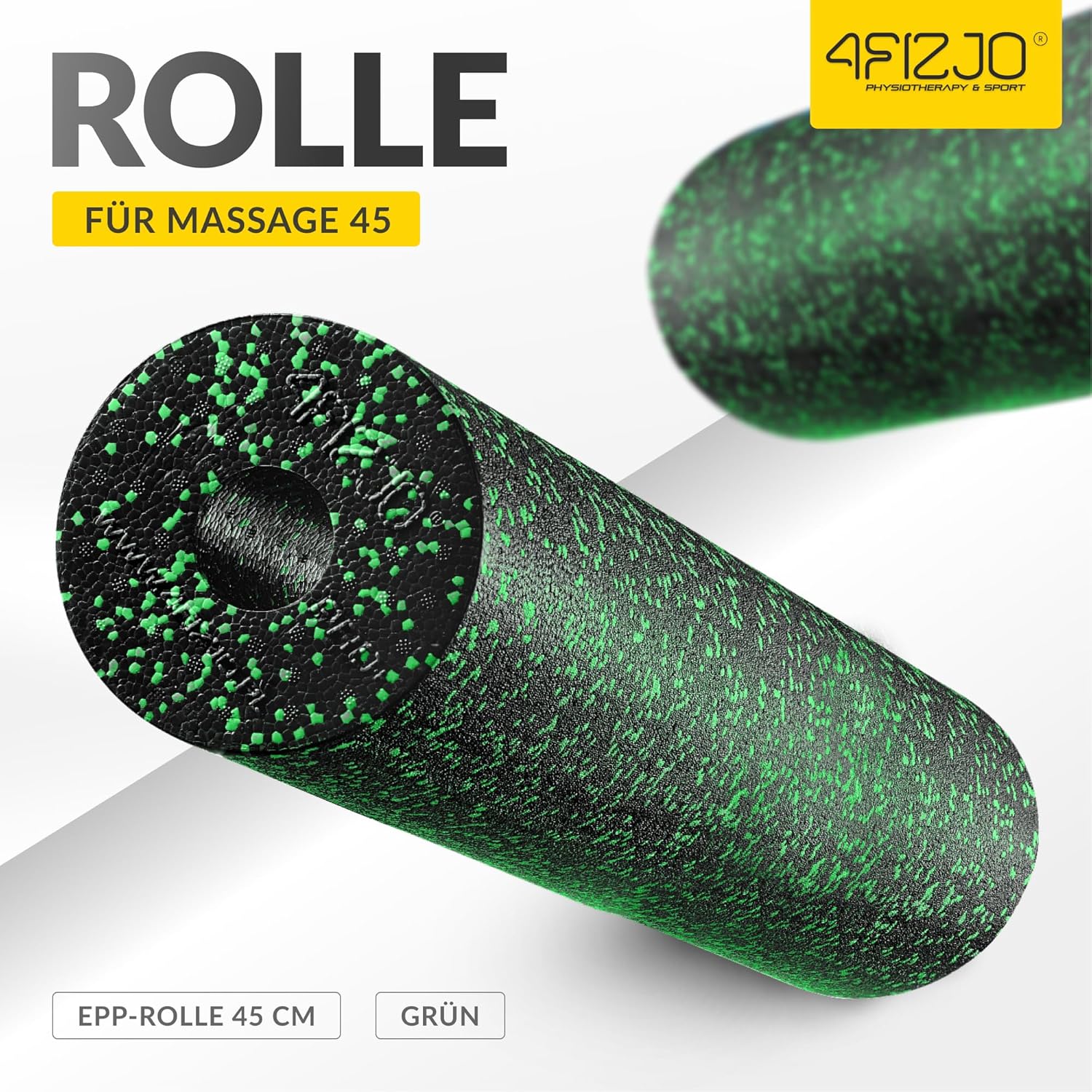 4FIZJO Faszienrolle Schaumstoff, Durchmesser 14,5 cm, Länge 45 cm, Massagerolle, Rückenrolle, Fitnessrolle, leicht, hart, Schaumstoffrolle, Faszientraining, Massagetraining, Schwarz/Grün – Bild 12