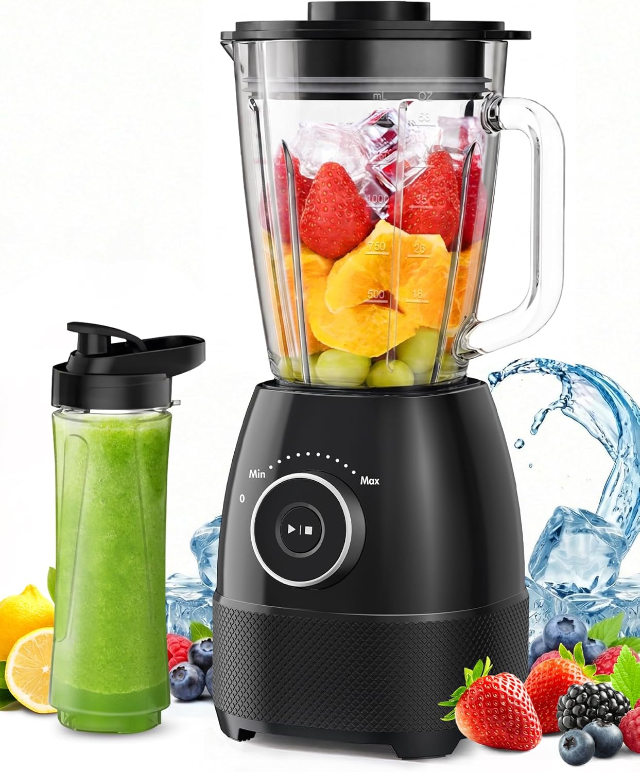 Mixer, Smoothie Maker, Standmixer, 1500 Watt High Speed Mixer Smoothie Maker mit 1,5 L Glasbehälter, 600 ml Flaschen, BPA-freies Tritan, einstellbare Geschwindigkeit für Smoothies, Mixen
