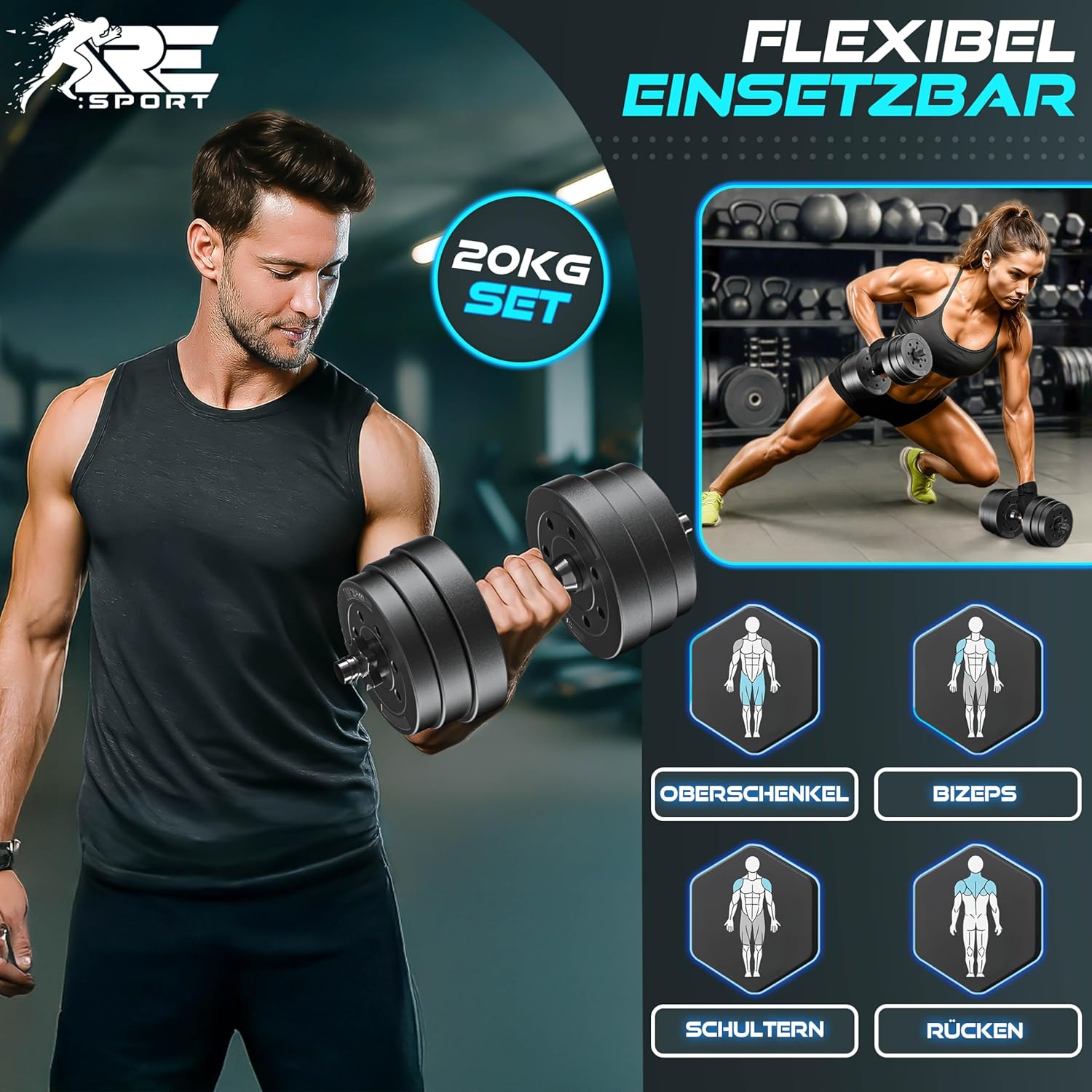 RE:SPORT 2er-Set verstellbare Kurzhanteln 15/20/30/40 kg | Hantelset mit 2 Hanteln | Hantel mit Gewichten und 4 Spinlock-Kragen | Fitness-Hantel für Muskelaufbau, Training und Zuhause – Bild 6