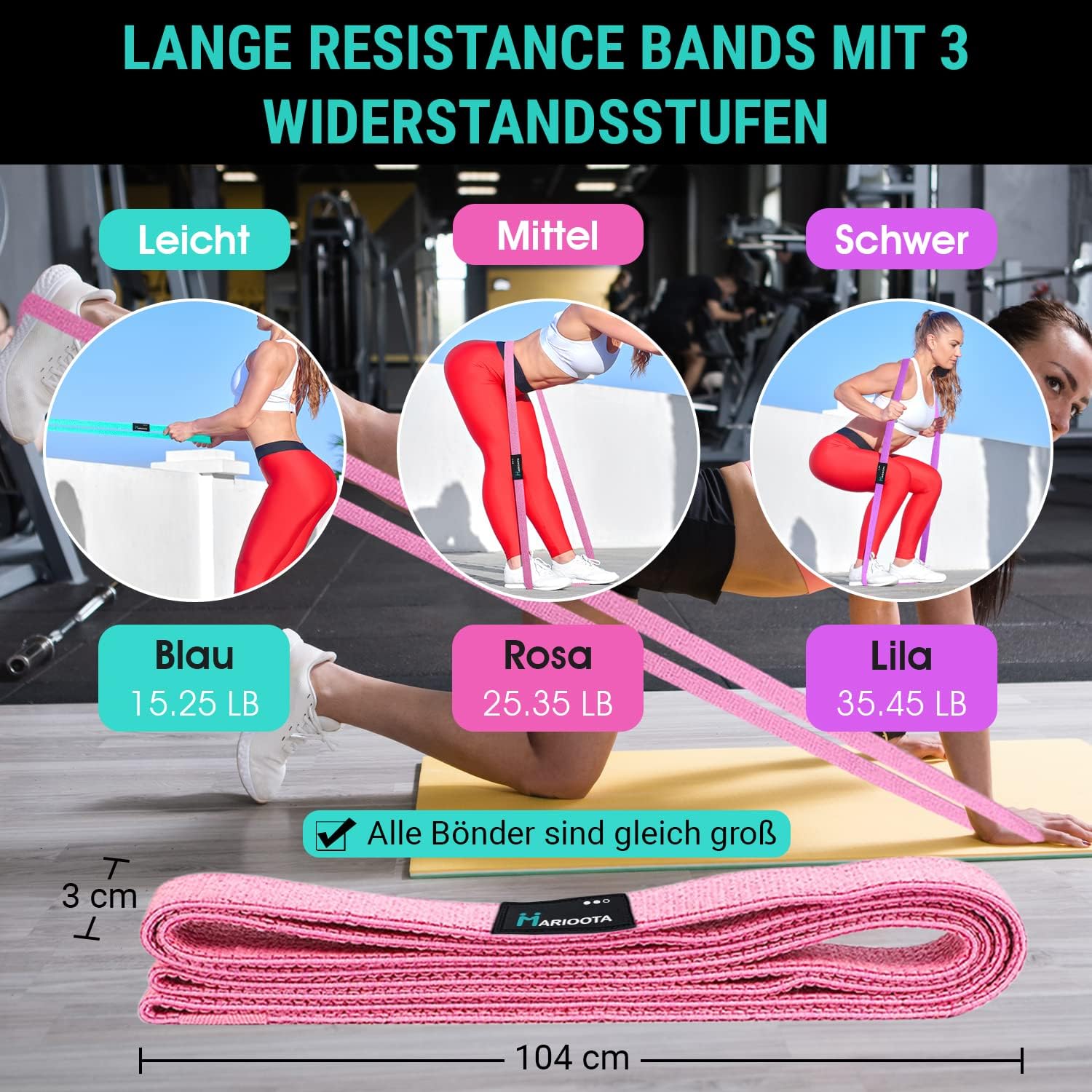 3er-Set Widerstandsbänder aus Stoff – rutschfest, hautfreundlich & dehnbar – Widerstandsbänder für Muskelaufbau, Yoga, Pilates & Ganzkörpertraining – waschbar, langlebig & inklusive Tragetasche – Bild 5