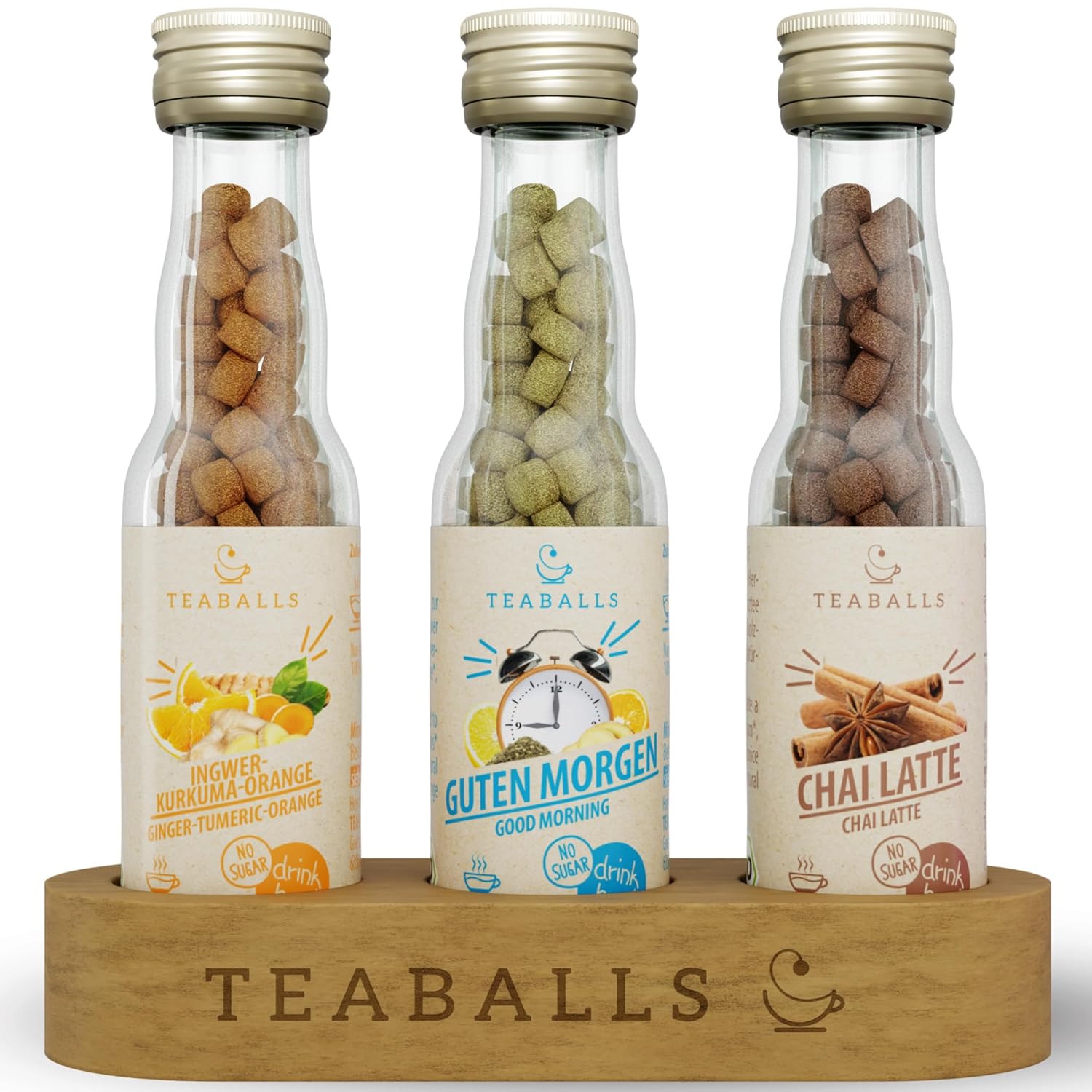 TEABALLS Bio – 3er-Set Feel Good – Ingwer-Kurkuma-Orange, Guten-Morgen-Tee, Chai Latte – ca. 120 Tassen – Bio-Tee ohne Beutel, nur mit heißem Wasser, zuckerfrei – Geschenk zum Wohlfühlen