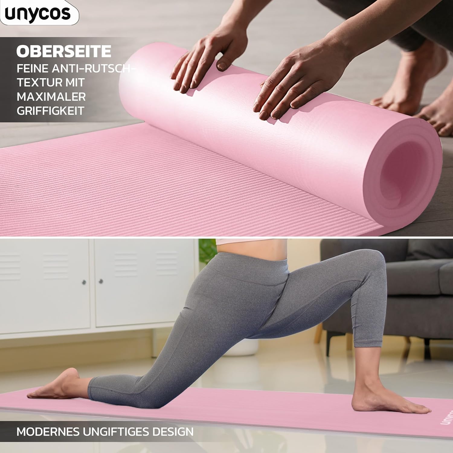 unycos - Yogamatte rutschfest | Hohe Dichte 6/10/15 mm, Gymnastikmatte mit Tragegurt und Schultergurt. 【Inklusive E-Book】 Hautfreundliche Fitnessmatte für Pilates, Trainingsmatte, Fitnessstudio – Bild 6