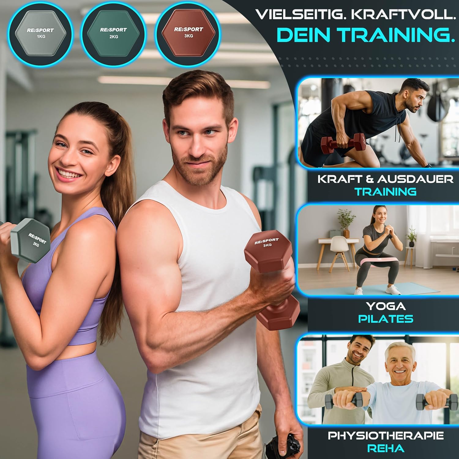 RE:SPORT Kurzhantel-Set 3 Paar, 1 kg – 5 kg, 12 kg oder 18 kg mit Ständer und 3 x Fitnessbändern, rutschfeste Neopren-Hanteln für Damen und Herren, Kurzhantel-Set – Bild 6