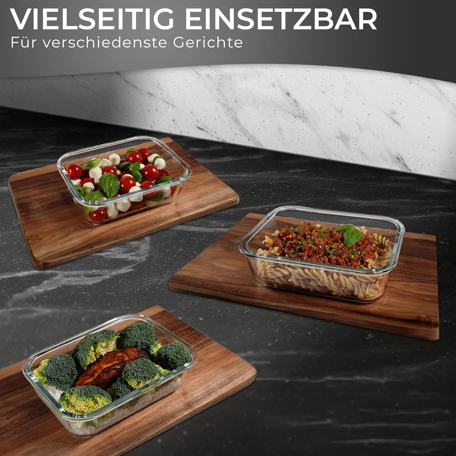 RDY Meal-Prep-Boxen aus Glas, 1500 ml – 5er-Set – luftdichte Glasbehälter für Mikrowelle, Backofen, Gefrierfach – Frischhaltedosen mit Deckel – BPA-frei, spülmaschinenfest – Glasdosen, Lebensmittelbox, Gefrierschrank – Bild 4