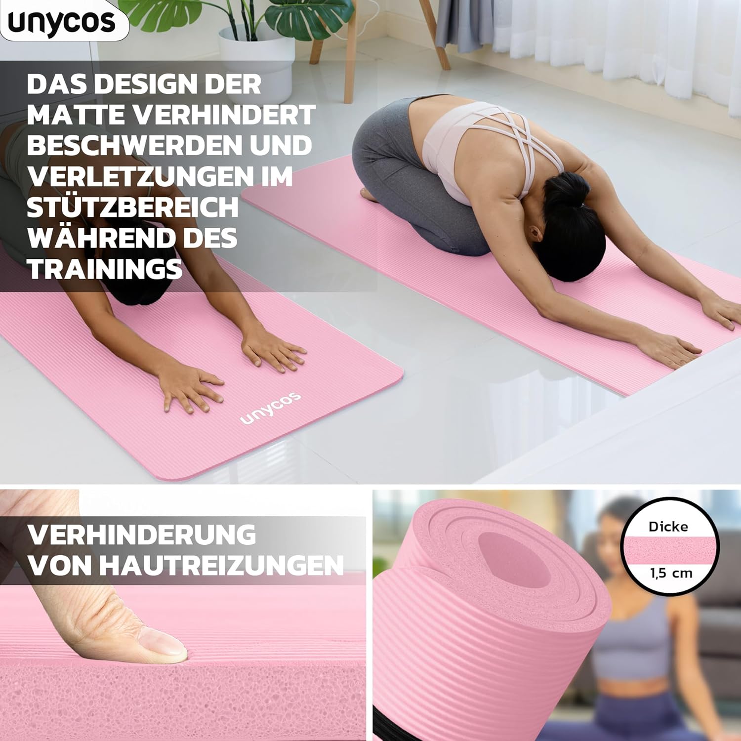 unycos - Yogamatte rutschfest | Hohe Dichte 6/10/15 mm, Gymnastikmatte mit Tragegurt und Schultergurt. 【Inklusive E-Book】 Hautfreundliche Fitnessmatte für Pilates, Trainingsmatte, Fitnessstudio – Bild 5