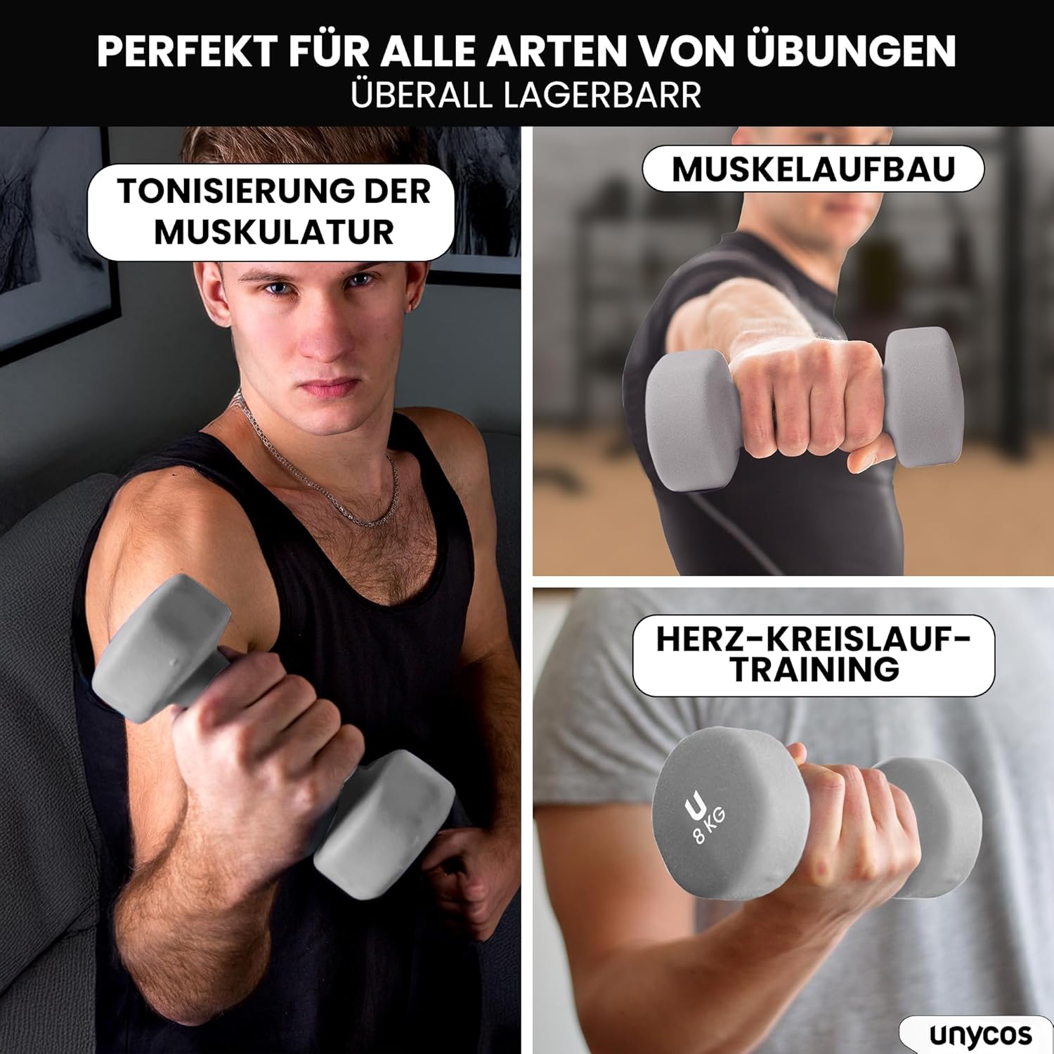 unycos - Neopren-Hanteln 【2er-Set, 1-10 kg】Hanteln, rutschfest für Damen und Herren, Anti-Roll-Design, Fitnessstudio, Krafttraining, Pilates, Gymnastik, Fitnessgeräte für Zuhause – Bild 6