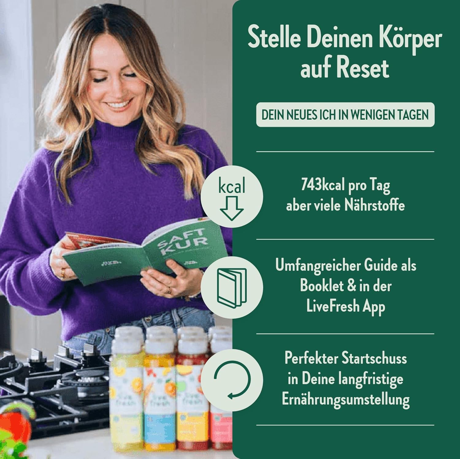LiveFresh Saftkur für 3 Tage, 21 Säfte und 9 Shots, kaltgepresst und ohne Zuckerzusatz, Fruchtsaft gepresst aus frischem Obst und Gemüse, vegane Fruchtsäfte zum Abnehmen, inkl. Kaution – Bild 5