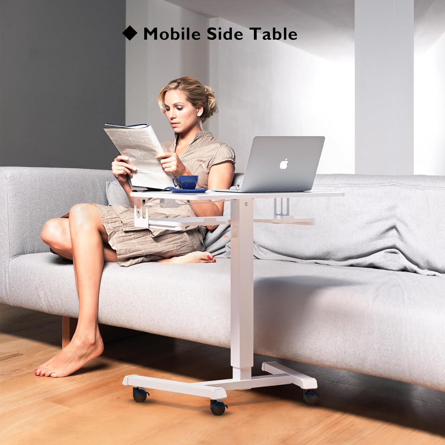 BONTEC Schreibtisch höhenverstellbar mit Tastaturablage, mobiles Podium, Computerarbeitsplatz bis 15 kg, Laptopsitz oder Stehpult auf Rollen, höhenverstellbarer Stehschreibtisch, weiß – Bild 4