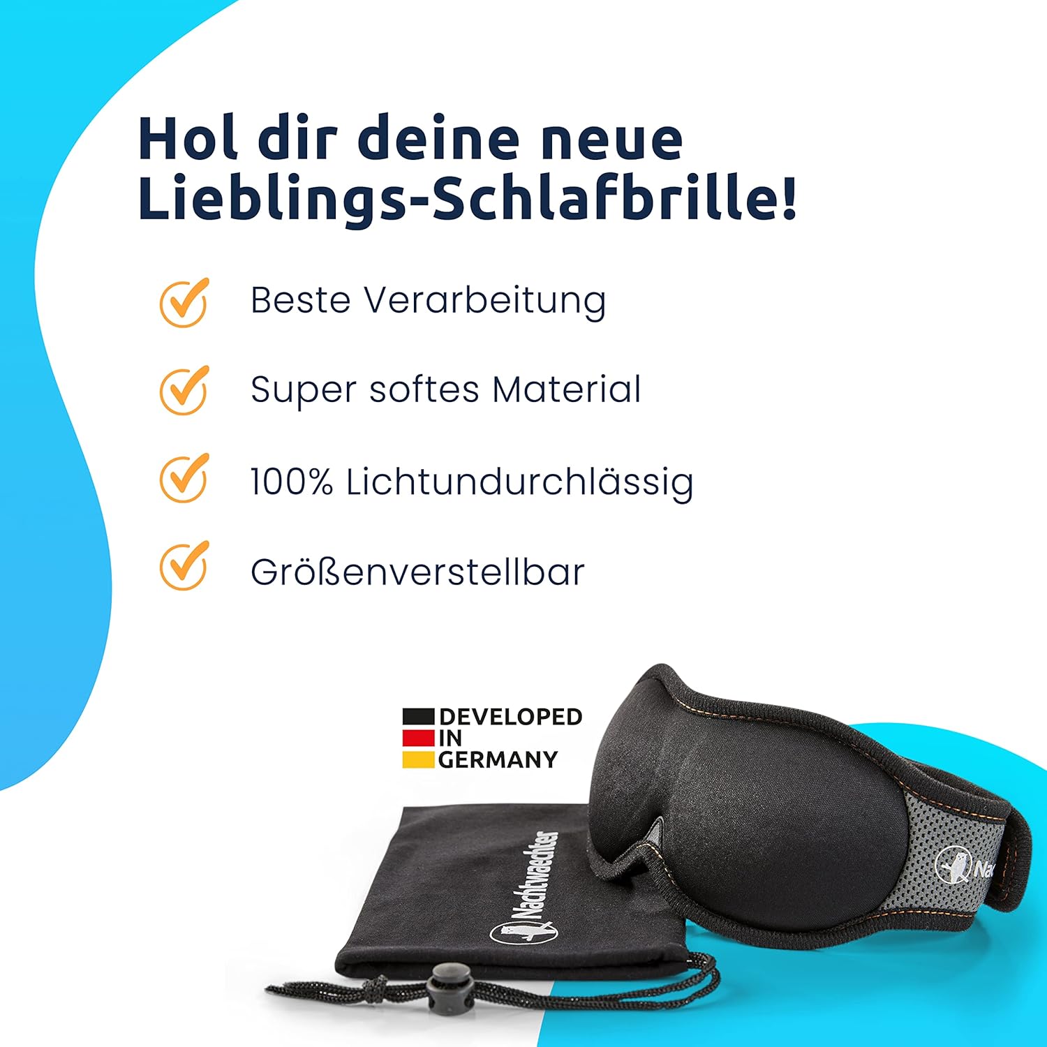 Nachtwaechter 3D-Schlafmaske Anina, 100 % verdunkelnd, super bequeme Schlafmaske, perfekt für unterwegs, individuell anpassbar, inklusive praktischer Aufbewahrungstasche, atmungsaktiv – Bild 2