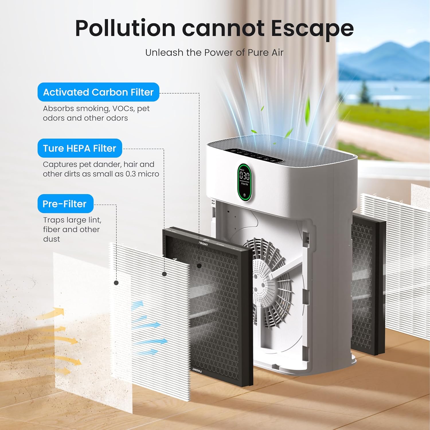 MERONTE Luftreiniger für Zuhause und Raucherzimmer, allergikerfreundlich, HEPA-Filter gegen Staubpollen, CADR 300 m³/h für 100 m², 24 dB leise, Timer, Luftqualitäts-Feedback & Auto-Modus, 1 Packung + 3 Modi – Bild 5