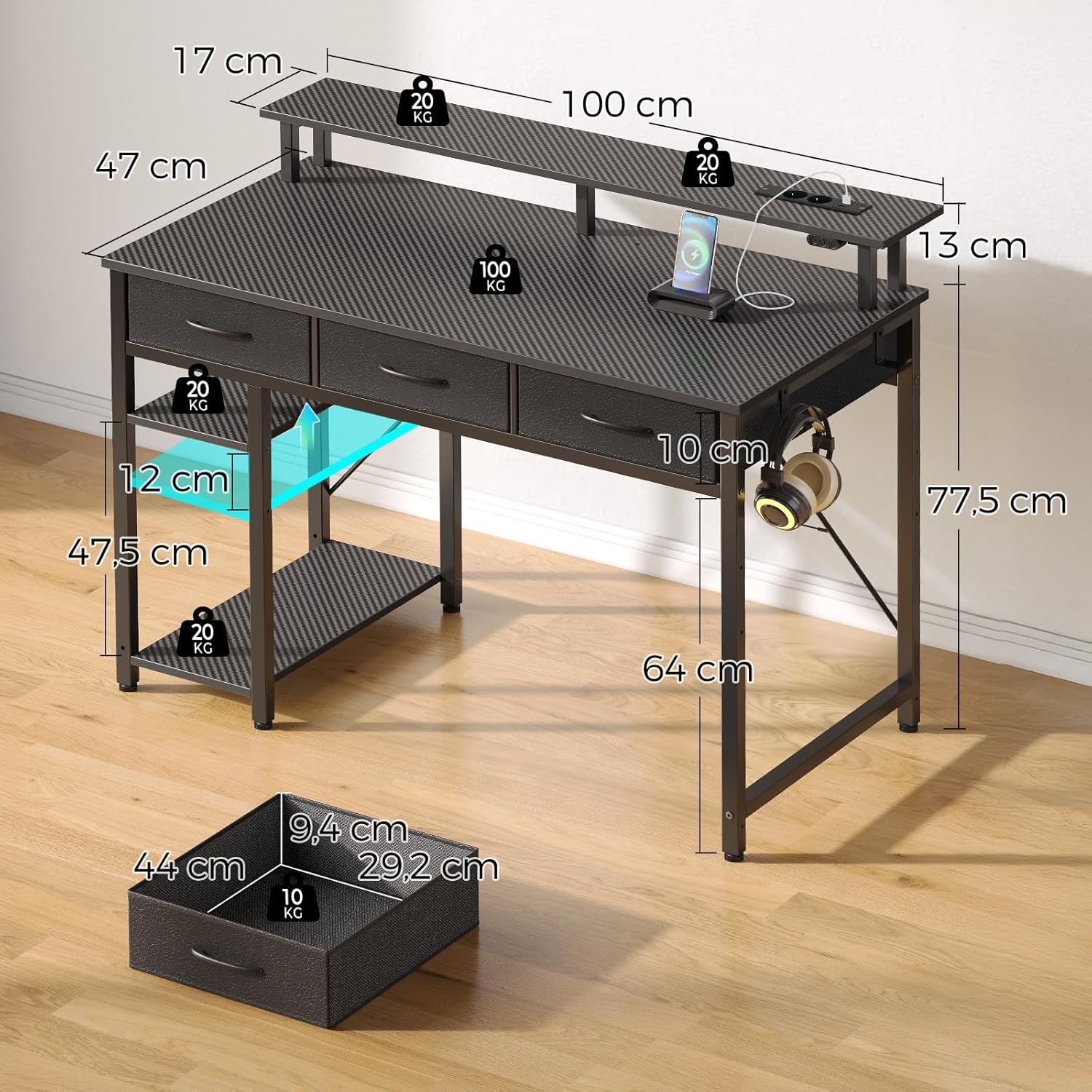 Rolanstar Schreibtisch mit Schubladen, Computertisch mit Steckdosen & LED, Gaming-Tisch mit Monitorständer, Ablage & 2 Haken, Gaming-Schreibtisch für Büro, Wohnzimmer (Schwarz, 100 x 47 x 90,5 cm) – Bild 2