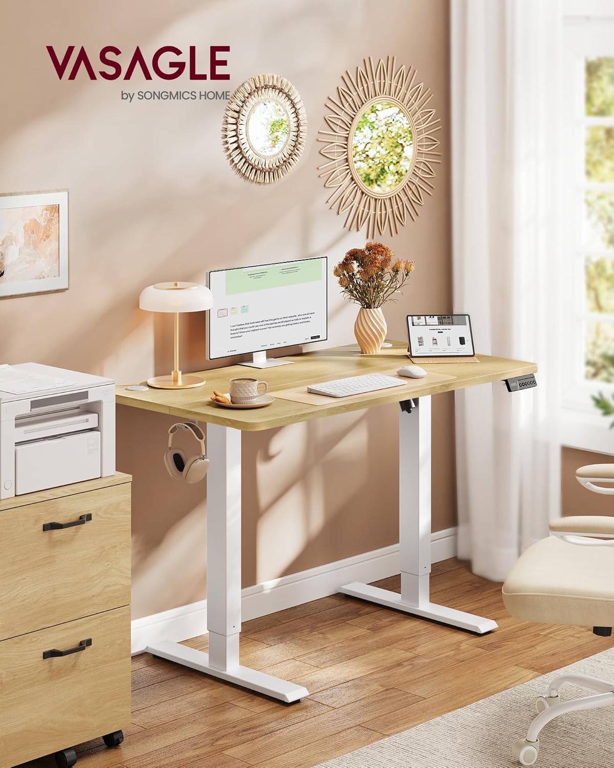 VASAGLE LSD310YA03 Höhenverstellbarer Schreibtisch, Stehpult, Computertisch, 4 Höhen, Memory-Funktion, Büroschreibtisch, 100 x 60 cm, Goldeiche – Bild 2