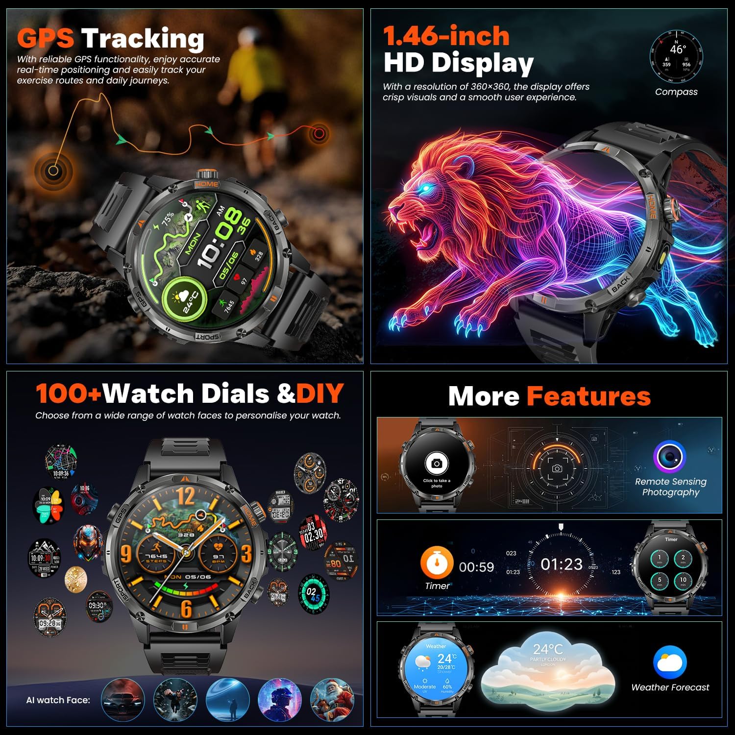 GPS-Smartwatch für Herren, Militäruhr: 1,46 Zoll Fitness-Tracker, 580 mAh, Smartwatch, IP68, wasserdicht, Fitnessuhr mit Schrittzähler, Herzfrequenzmesser, Blutdruck, Telefonfunktion, Digitaluhr für iOS – Bild 2