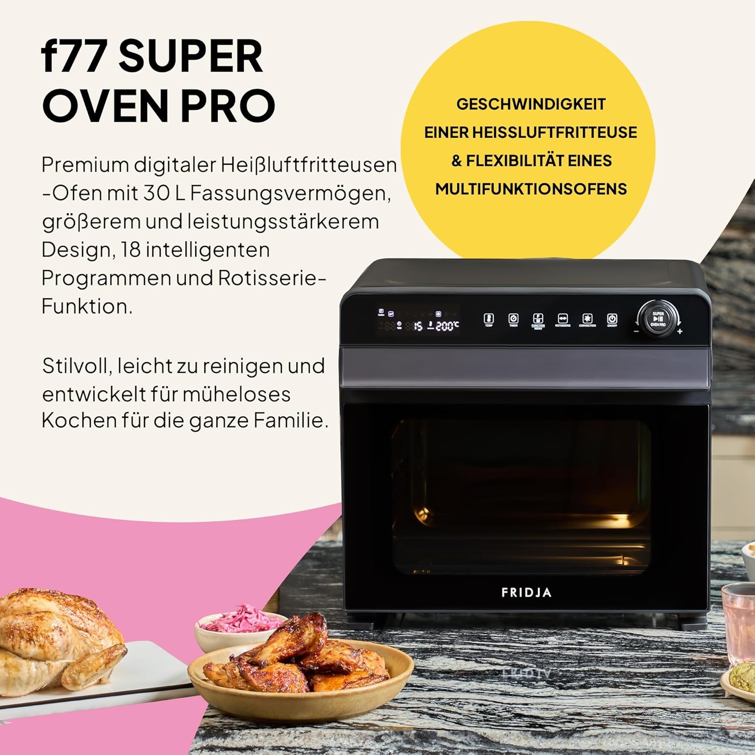 Fridja F77 30L Super Oven Pro – Premium-Digital-LED-Heißluftfritteuse – 18 intelligente Programme, Rotisserie-Funktion, leicht zu reinigen, schnell, leistungsstark und vielseitig, Innenraum aus Edelstahl – Bild 8