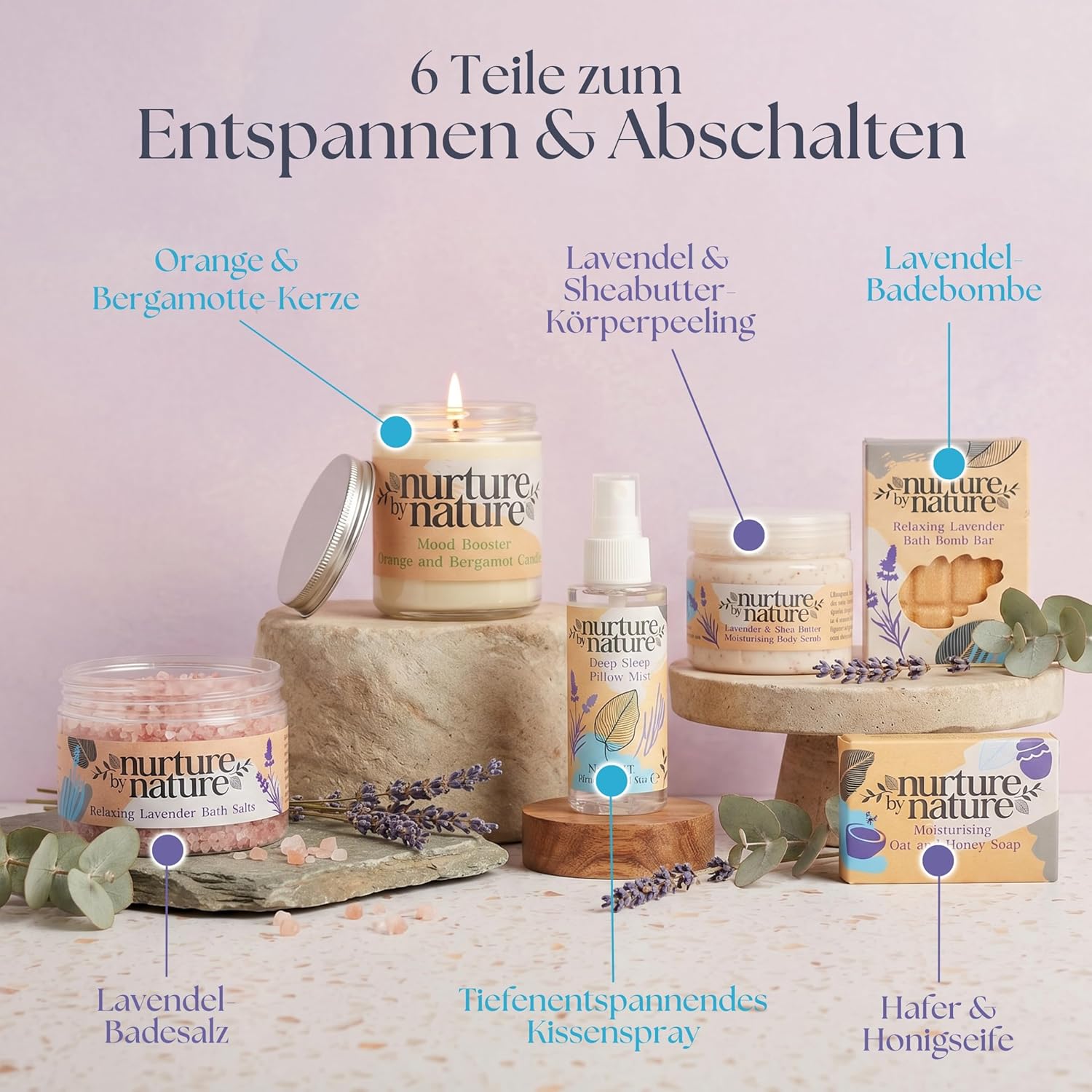 Nurture by Nature Relax & Calm Verwöhnendes Spa-Geschenkset, Badeset, Lavendel, Badesalz, Aromatherapie, Seife, Badebomben, Kerze und mehr, Geschenk für Frauen, Sie – Bild 4