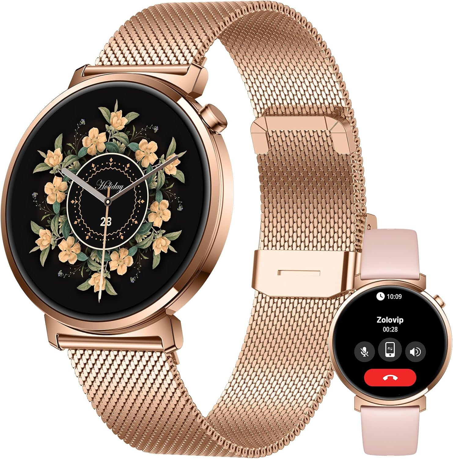 Damen-Smartwatch mit Telefonfunktion, 7,9 mm ultradünn, 1,32 Zoll AMOLED (1000 Nits/466 x 466), Fitnessuhr mit 2 Armbändern, 100+ Sportmodi, SpO2/Puls/Schlafmonitor, IP68 wasserdicht, iOS Android, Roségold