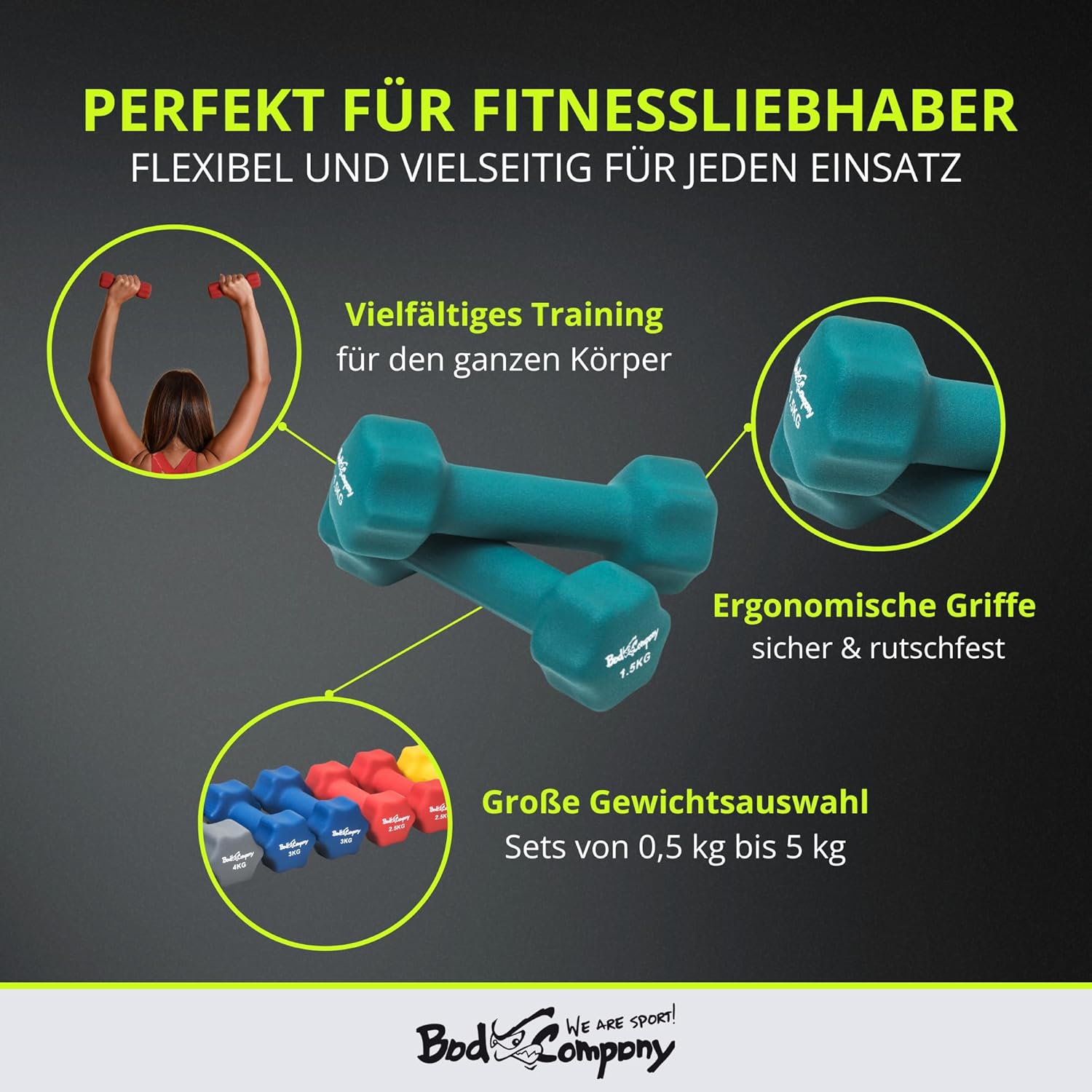 Bad Company Neopren-Hanteln 0,5 kg bis 5 kg farbig I kleine Hantel gummiert für Fitness Gymnastik Aerobic Home Gym Hanteln für Damen Herren I Hanteln – Bild 4
