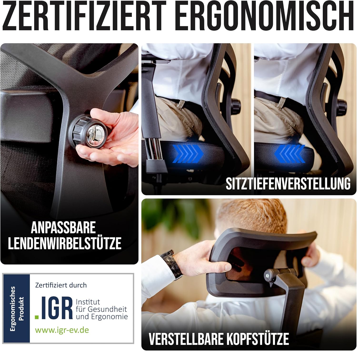 ELITESEATS Ergonomischer Bürostuhl (Testsieger), kratzfreie Rollen, atmungsaktiv, ergonomischer Schreibtischstuhl, Bürostuhl, 150 kg belastbar, Computerstuhl, Drehstuhl, Heimbürostuhl, ergonomisch – Bild 3