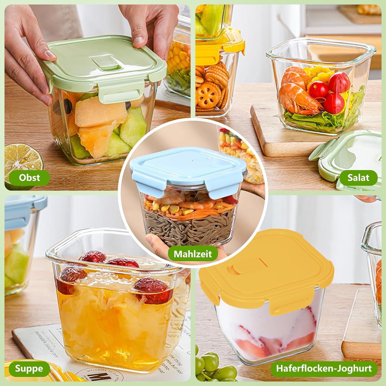 850 ml Meal-Prep-Gläser, Glasbehälter mit Deckel, luftdicht und stapelbar, Set mit 4 Vorratsgläsern, Salatschüssel, Suppe, Lebensmittelbehälter für Büro, Picknick, spülmaschinenfest und mikrowellengeeignet – Bild 6