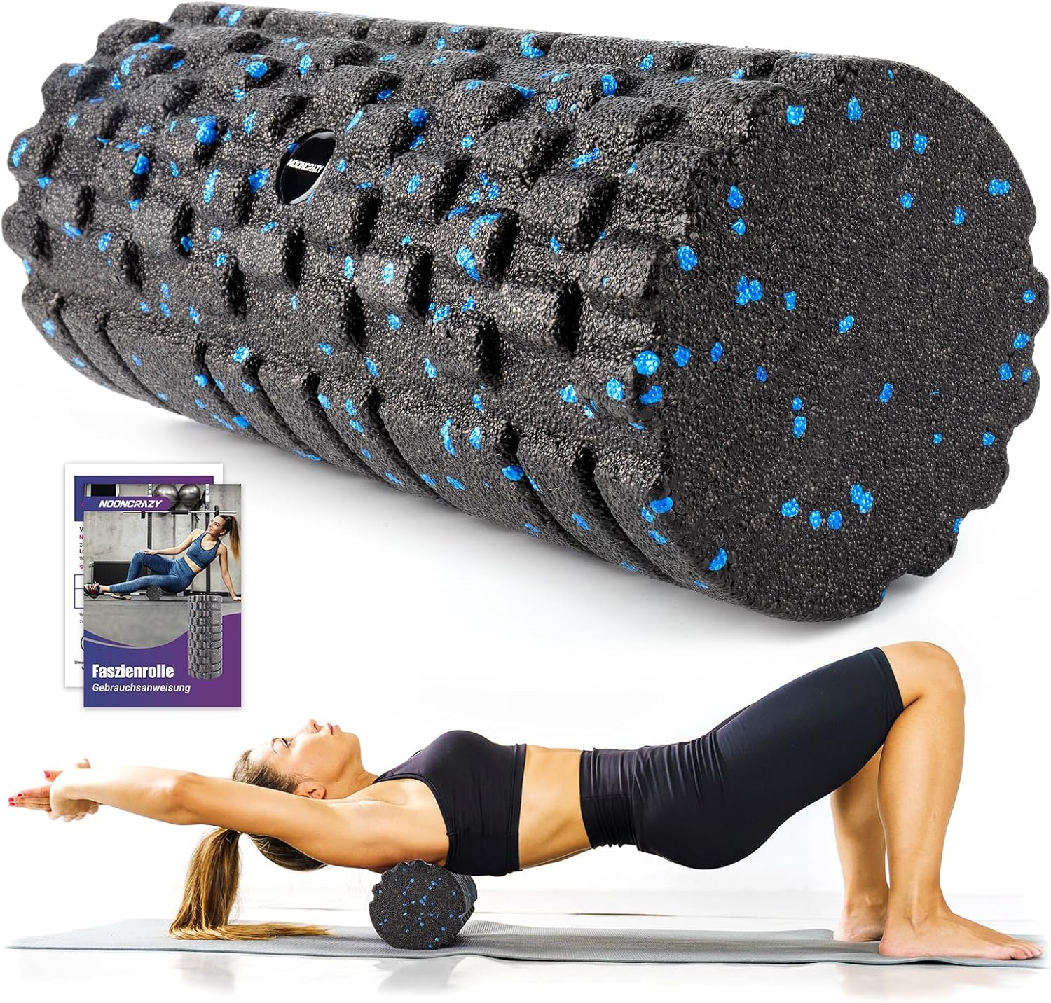 nooncrazy Faszienrolle mit 3D-Texturmassage, Schaumstoffrolle (33 cm x 14 cm) zur Lösung von Muskelverspannungen, mittlere Härte, Selbstmassage, Gesichtsrolle für Rücken, Wirbelsäule, Rücken, Beine (Schwarz/Blau)