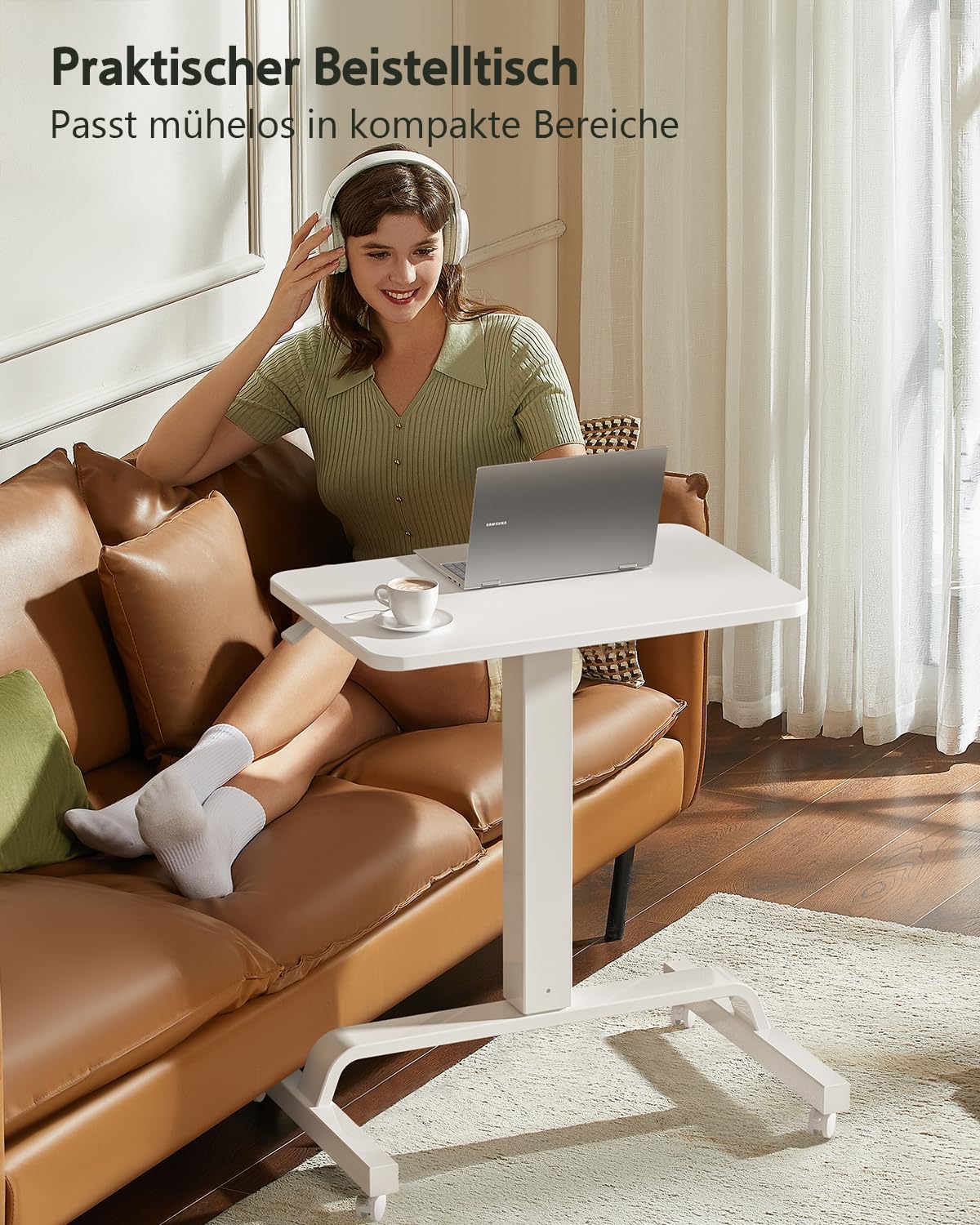 WALKINGDESK Stehpult, höhenverstellbarer Schreibtisch mit 4 Rollen, mobiler Stehtisch, 60 x 40 cm, kleiner Laptoptisch, höhenverstellbar, pneumatischer Beistelltisch für Sofa, Bett, Wohnzimmer, weiß – Bild 7