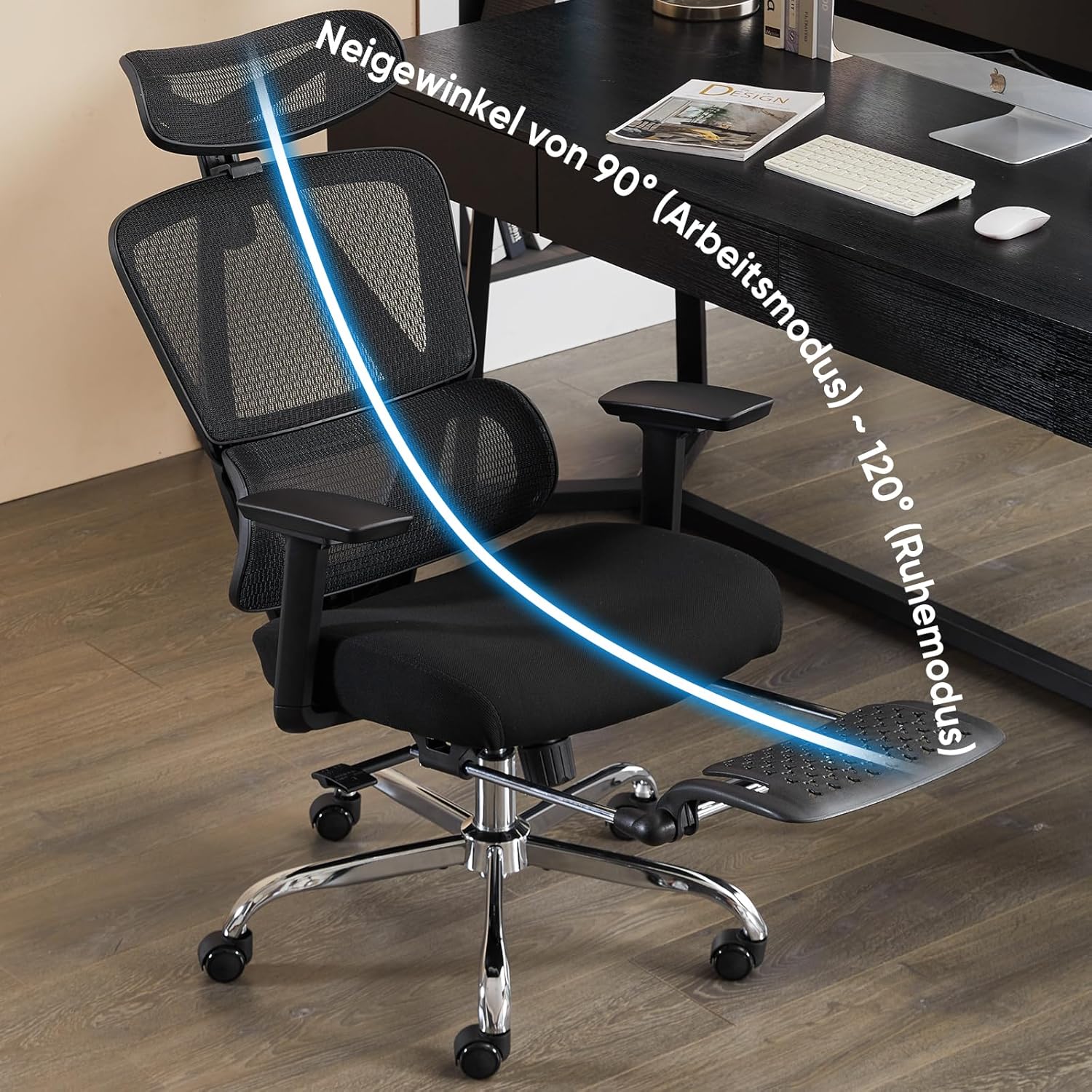 Ergonomischer Bürostuhl, Netz-Schreibtischstuhl mit Kopfstütze, Fußstütze und 3D-Armlehnen, höhenverstellbarer ergonomischer Bürostuhl, Bürostuhl mit 150 kg Tragkraft, Schwarz – Bild 4