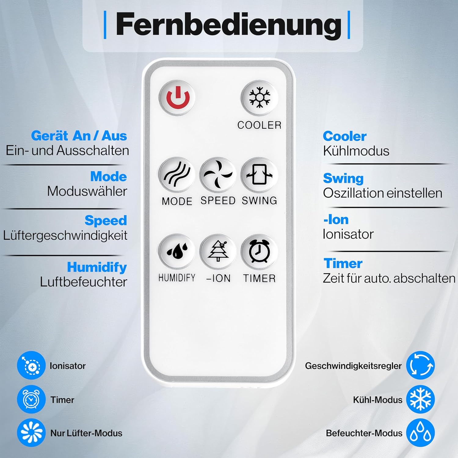 KESSER® Mobile Klimaanlage 4in1 Luftkühler – Air Cooler mit Fernbedienung & Timer, 10L Wassertank, Ionisator & Luftbefeuchter, Ventilator Klimagerät ohne Abluftschlauch, 3 Stufen inkl. Kühlakkus – Bild 7