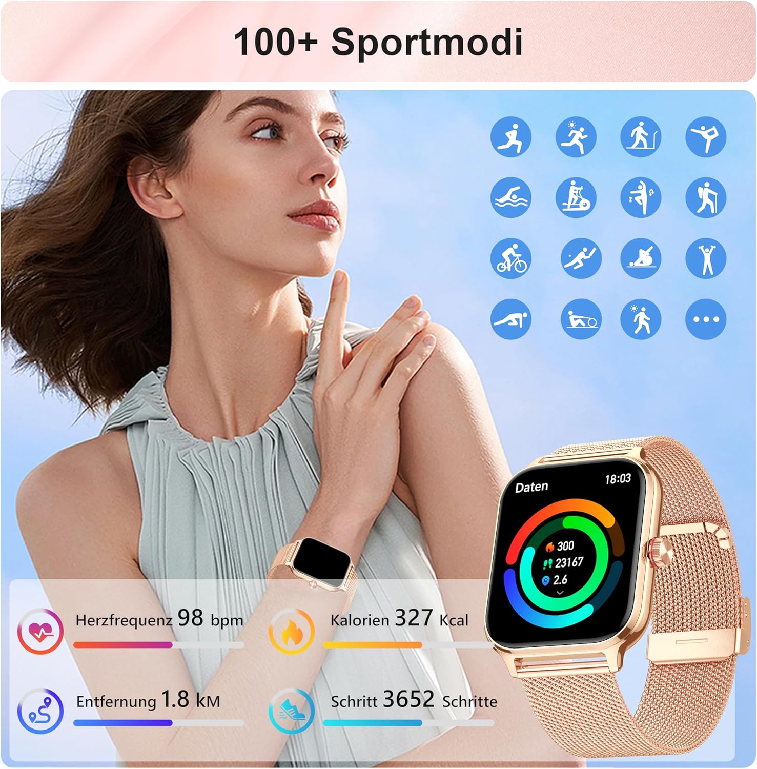 LODIMEKE Smartwatch Herren Damen Telefonfunktion Blutdruck Herzfrequenz Schlaf 1,96 Zoll AI Fitnessuhr 100+ Sportmodi, IP67 Wasserdicht Schrittzähler Wecker Rechner Visitenkarte iOS Android – Bild 4