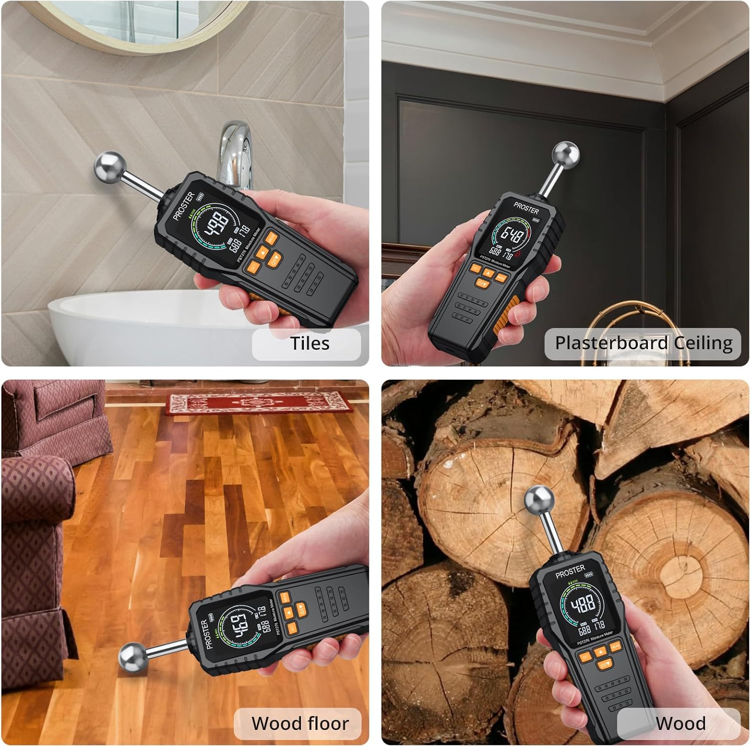 Proster Feuchtigkeitsmesser Wand Kugelform Sphärisches wiederaufladbares Feuchtigkeitsmessgerät Mauerwerk mit LCD-Bildschirm für Wände Mauerwerk 0-40 mm Analysetiefe (Schwarz Orange) – Bild 7