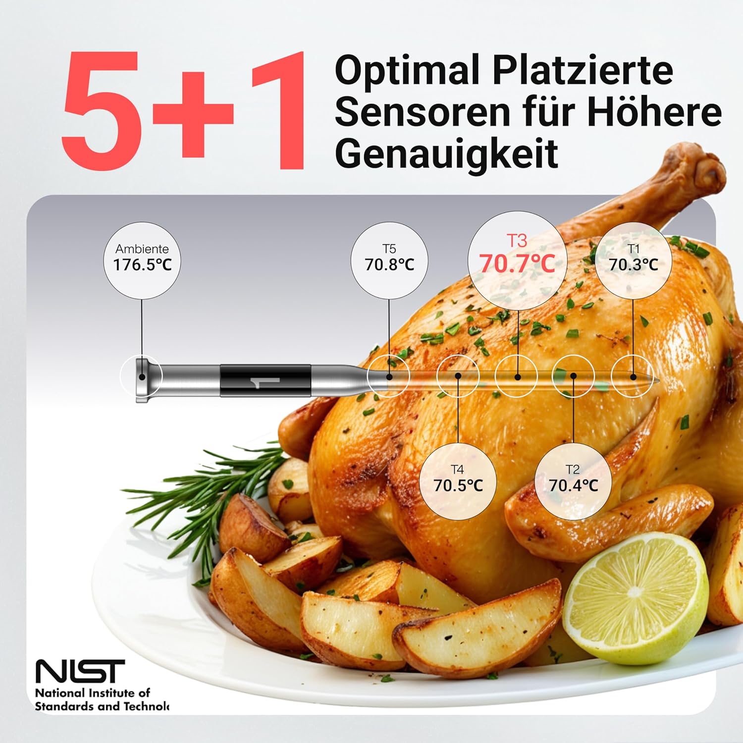 ThermoMaven P1 Fleischthermometer kabellos – WLAN und Bluetooth 5.3, 6 Sensoren, ±0,3 °C präzise, IPX8 wasserdicht, 48-Stunden-Akku, App-Steuerung, NIST- und NSF-zertifiziert, Grillthermometer, Bratenthermometer – Bild 3