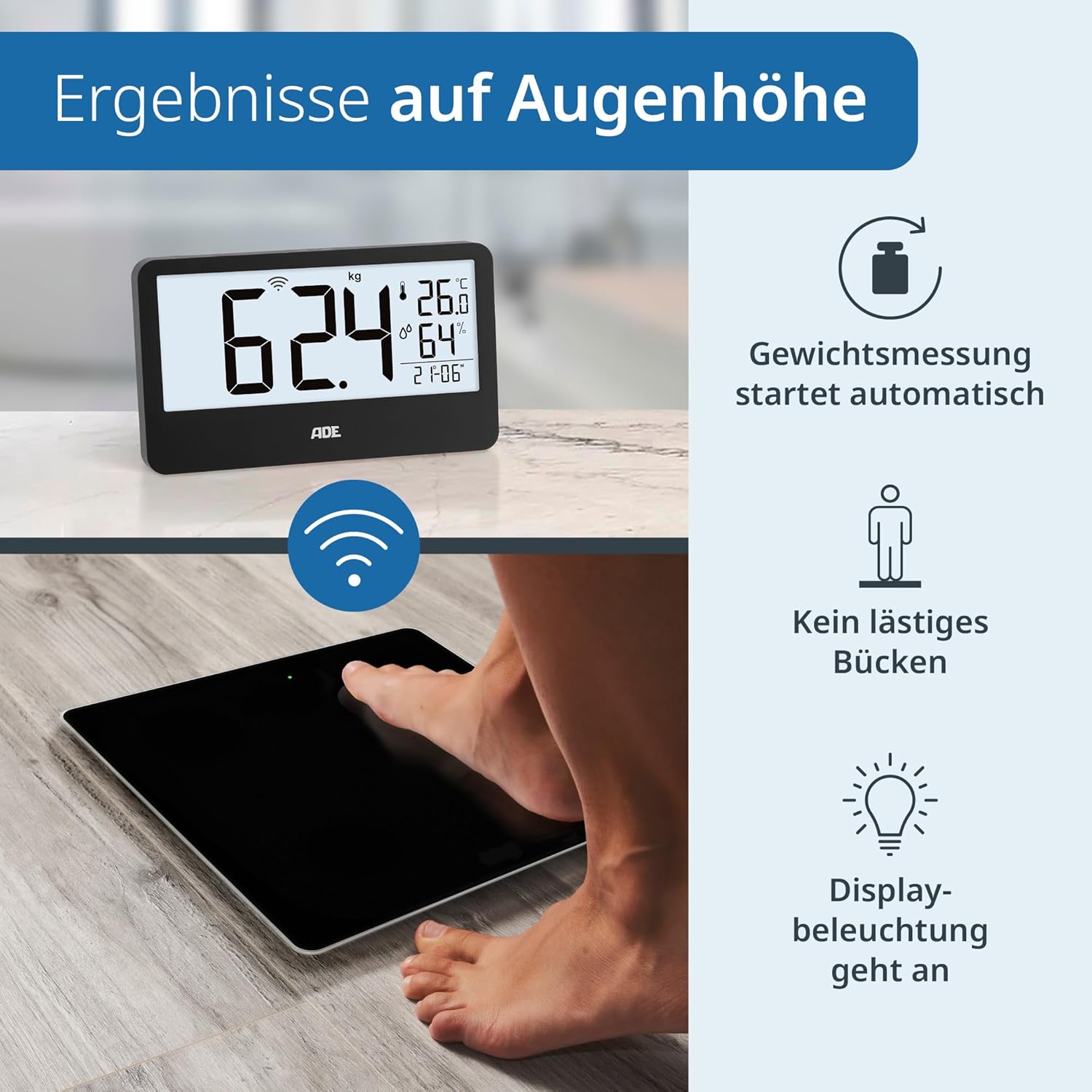 ADE Ronja Digitale Personenwaage mit kabelloser Anzeige bis 180 kg | Lesen Sie auf Augenhöhe, ohne sich zu bücken | Ideale Körperwaage für Senioren | mit Badeuhr, Hygrometer, Innenthermometer | Schwarz – Bild 3