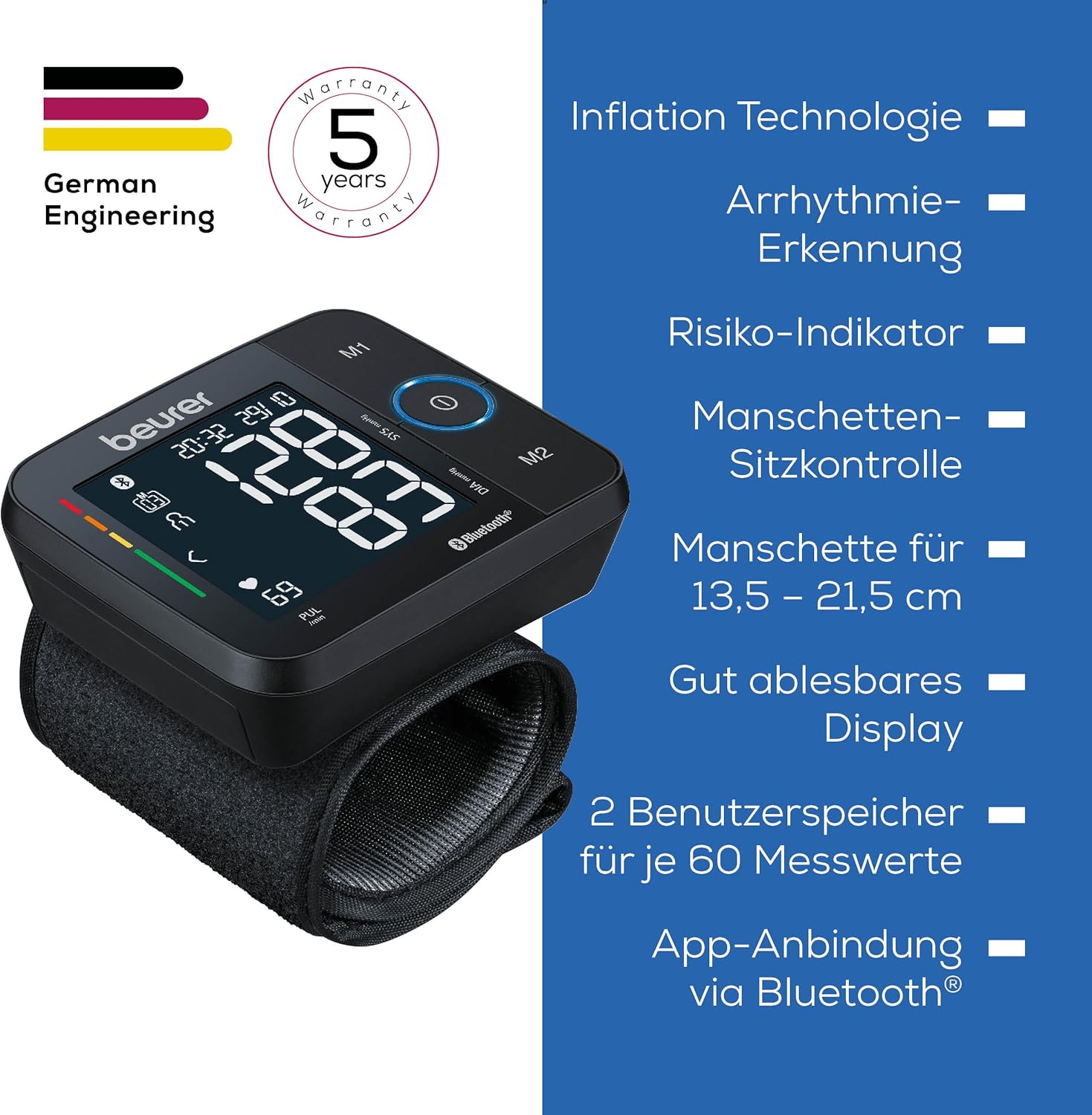 Beurer BC 54 Handgelenk-Blutdruckmessgerät mit Inflationstechnologie, farbiger Risikoanzeige, Arrhythmieerkennung, Handgelenkumfang 13,5-21,5 cm, mit App, Datenübertragung an Apple Health etc. – Bild 8