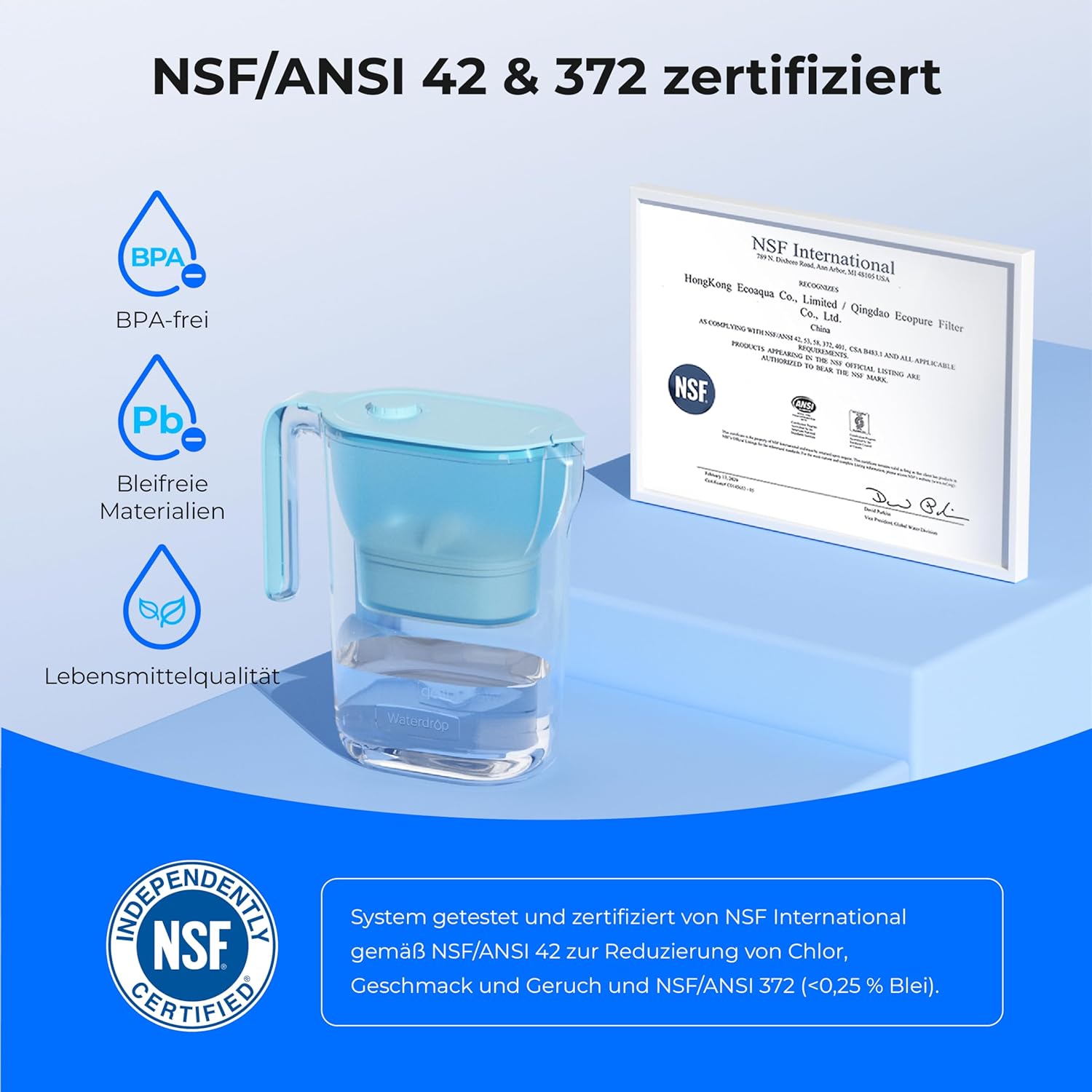 Waterdrop Wasserfilterkanne, Kühlschrank-Wasserfilterkanne mit 3-Monats-Filter, 2,5 l, reduziert Fluorid, Chlor und mehr, NSF-zertifiziert, BPA-frei, blau (Ersatzfilter: WD-PF-01A Plus) – Bild 4