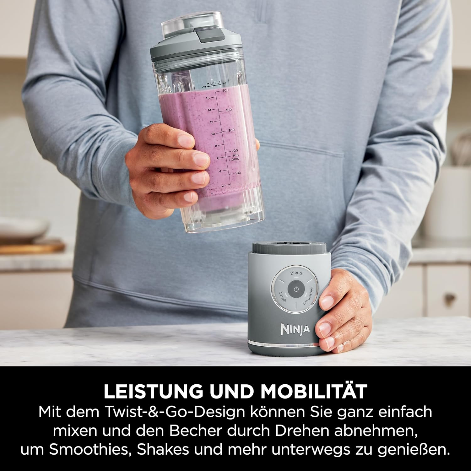 Ninja Blast Max BC251EULS Tragbarer Mixer/Smoothie-Maker, 2 x 570 ml, wiederaufladbar, Mixbecher & auslaufsicherer Deckel, 3 Funktionen, Smoothies, Protein-Shakes, Lavendel/Silber – Bild 3