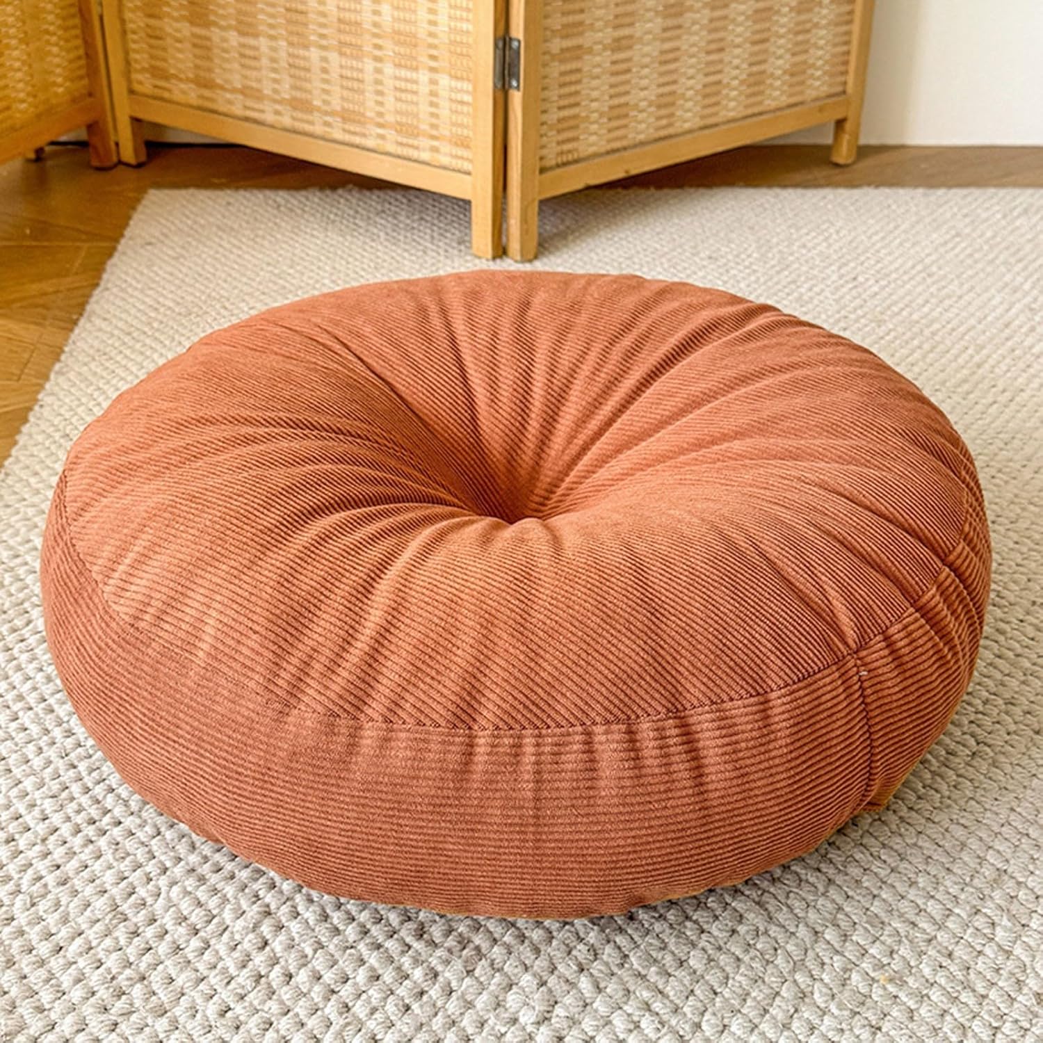 Bodenkissen aus Cord, rundes Bodenkissen, Meditationskissen für Erwachsene, Yogakissen, Sitzkissen, Sitzpouf mit hochwertigem Kordelbezug, Höhe 25 cm (Orange, 40 cm, 1 Stück)