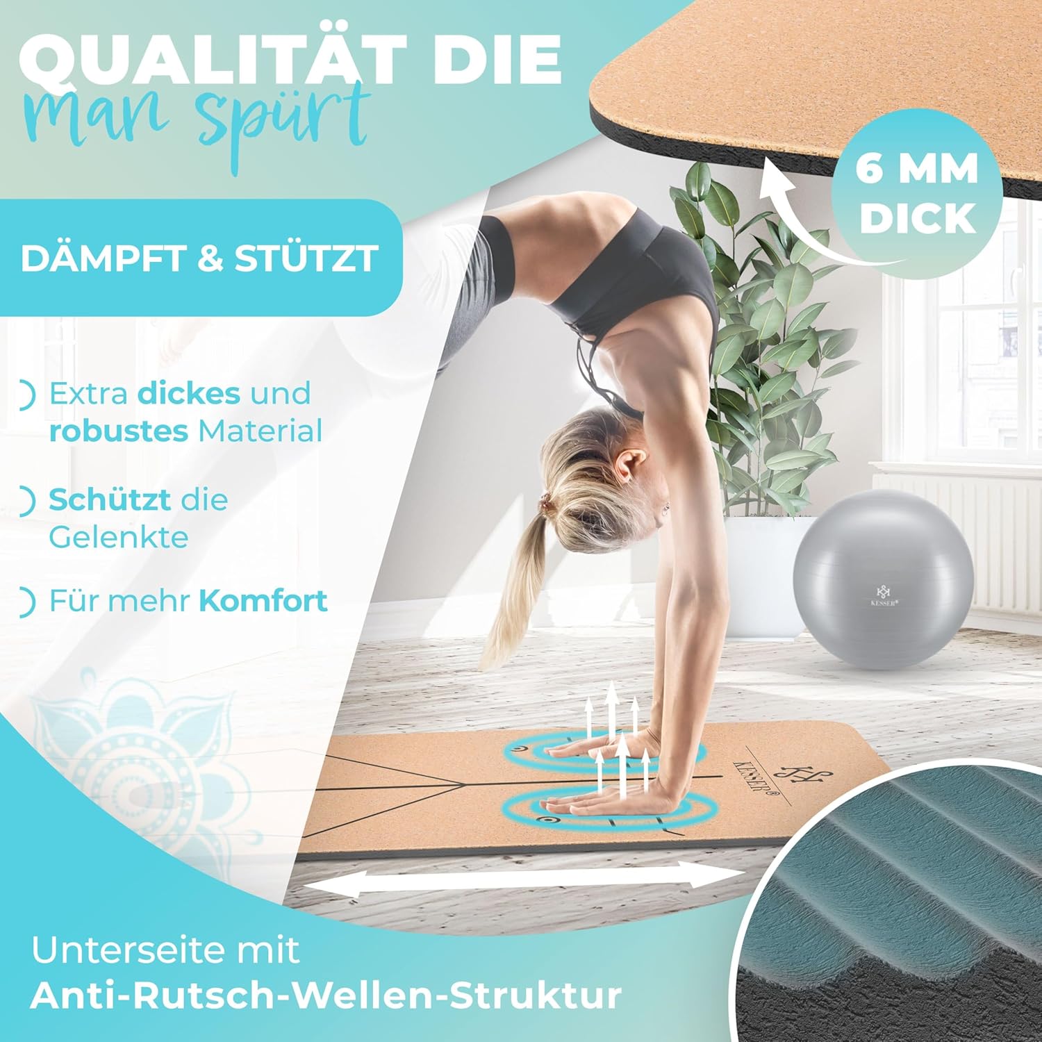 KESSER® Yogamatte aus Kork mit Tragegurttasche & Yogablock, Gymnastikmatte, Yogamatte, rutschfest, Naturkautschuk, TPE-Fitnessmatte, 183 x 62 cm, Trainingsmatte für Fitness, Sportmatte, Gymnastik, extra dick – Bild 3